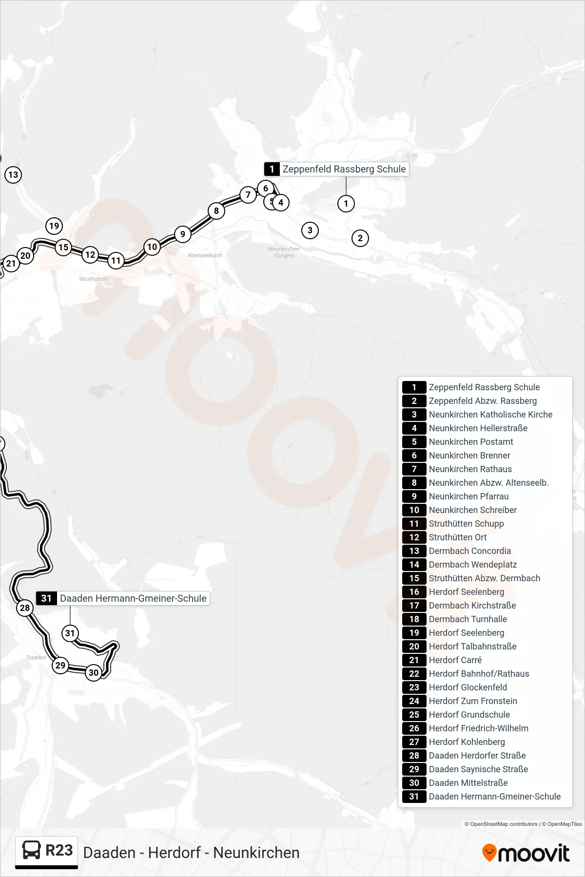 R23 bus Line (Daaden Hermann-Gmeiner-Schule) route and stops on a map