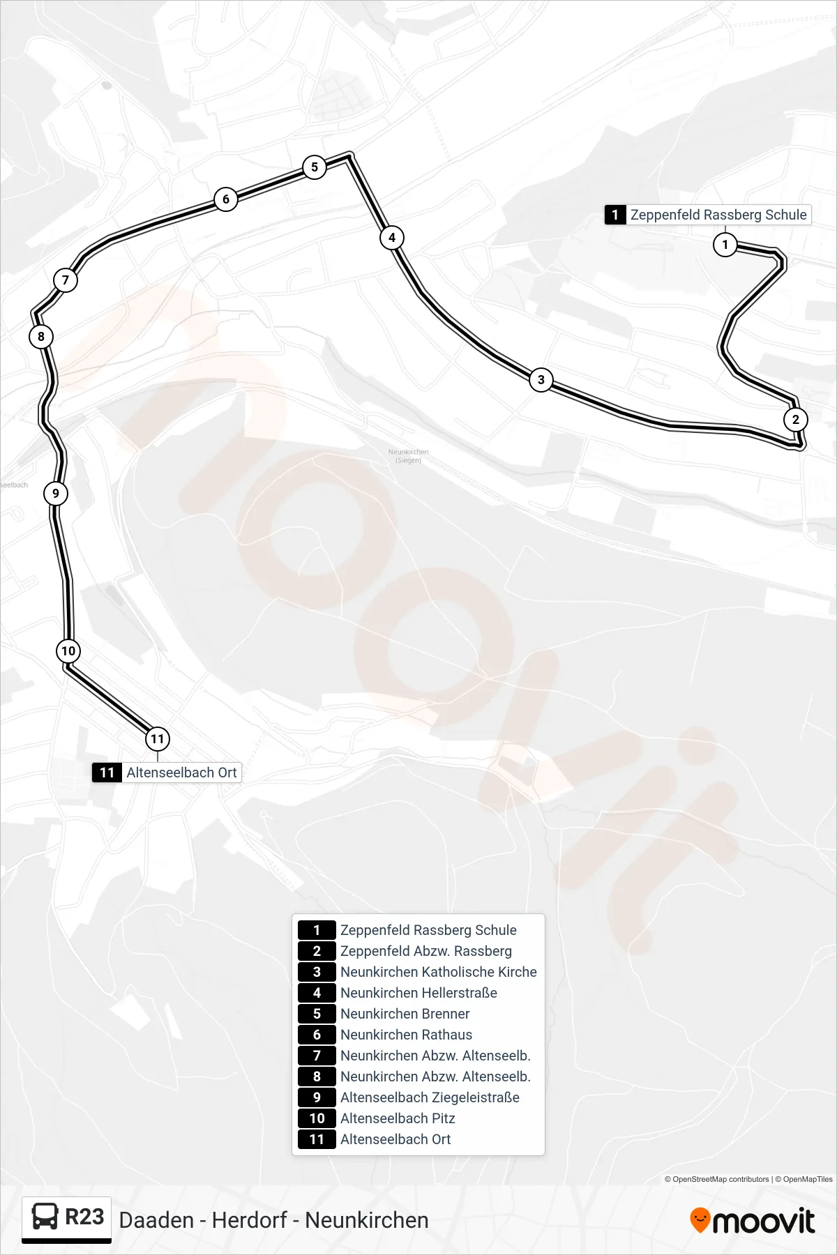 R23 bus Line (Altenseelbach Ort) route and stops on a map