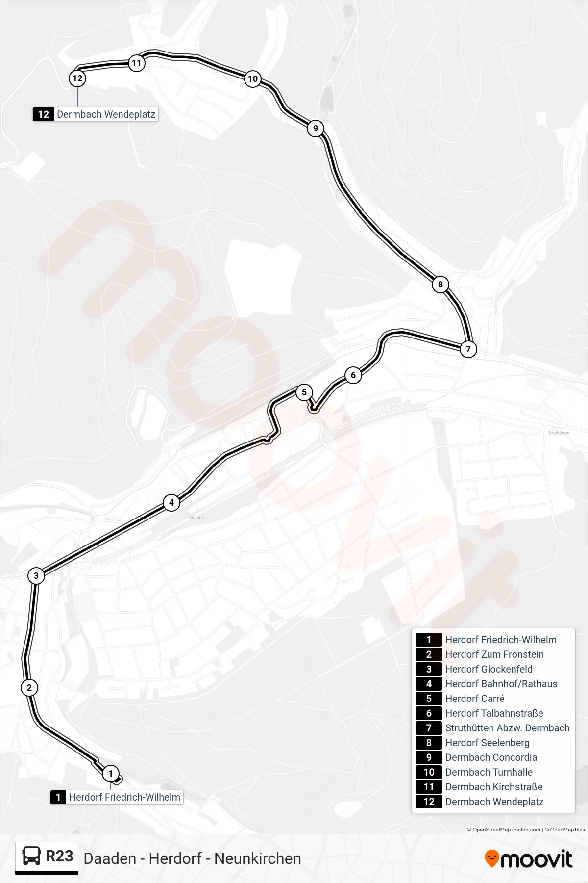 R23 bus Line (Dermbach Wendeplatz) route and stops on a map