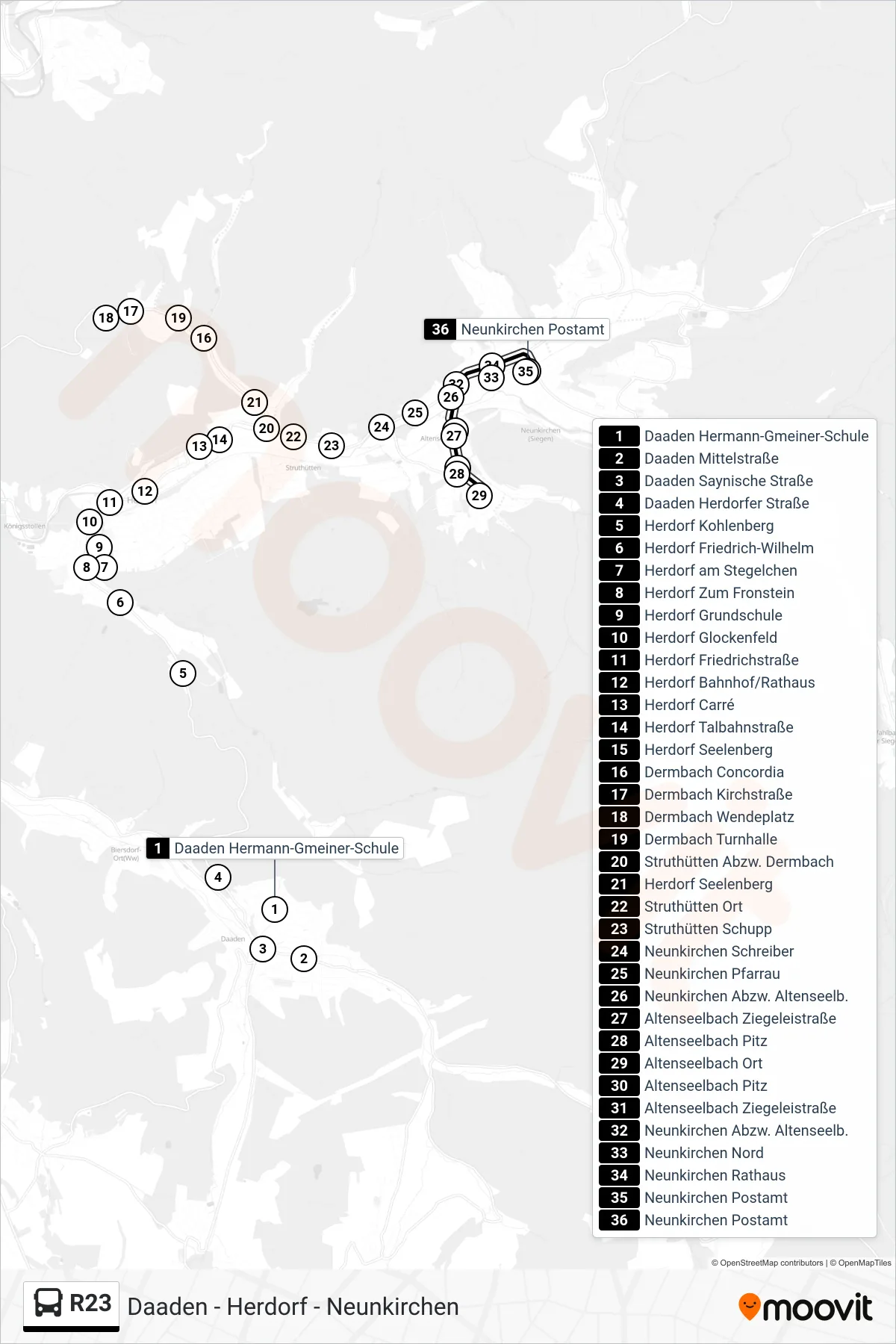 Linie R23 (Bus) Richtung Neunkirchen Postamt: Route und Haltestellen auf der Karte