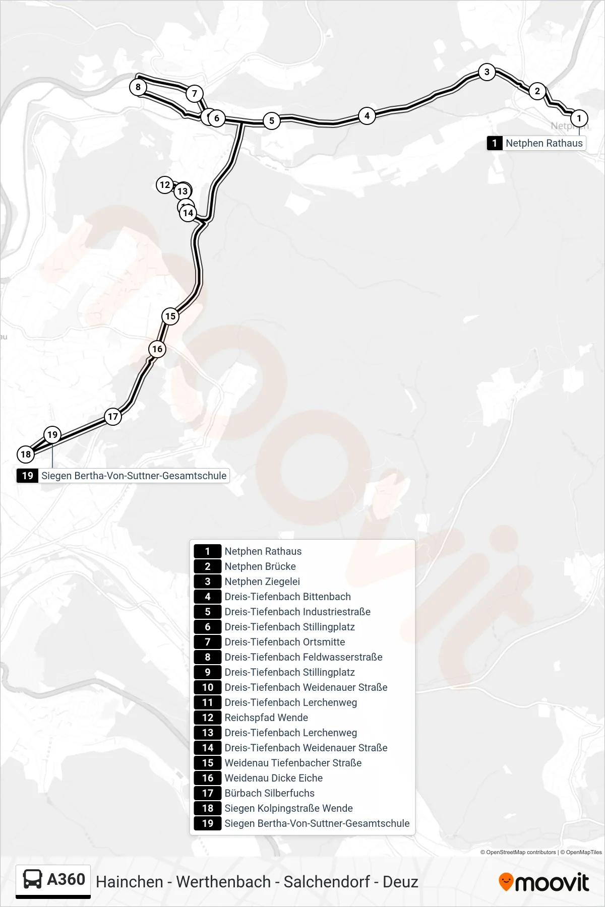 Linie A360 (Bus) Richtung Siegen Bertha-Von-Suttner-Gesamtschule: Route und Haltestellen auf der Karte