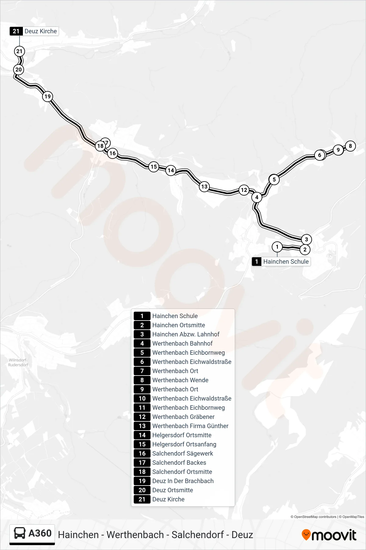 A360 bus Line (Deuz Kirche) route and stops on a map