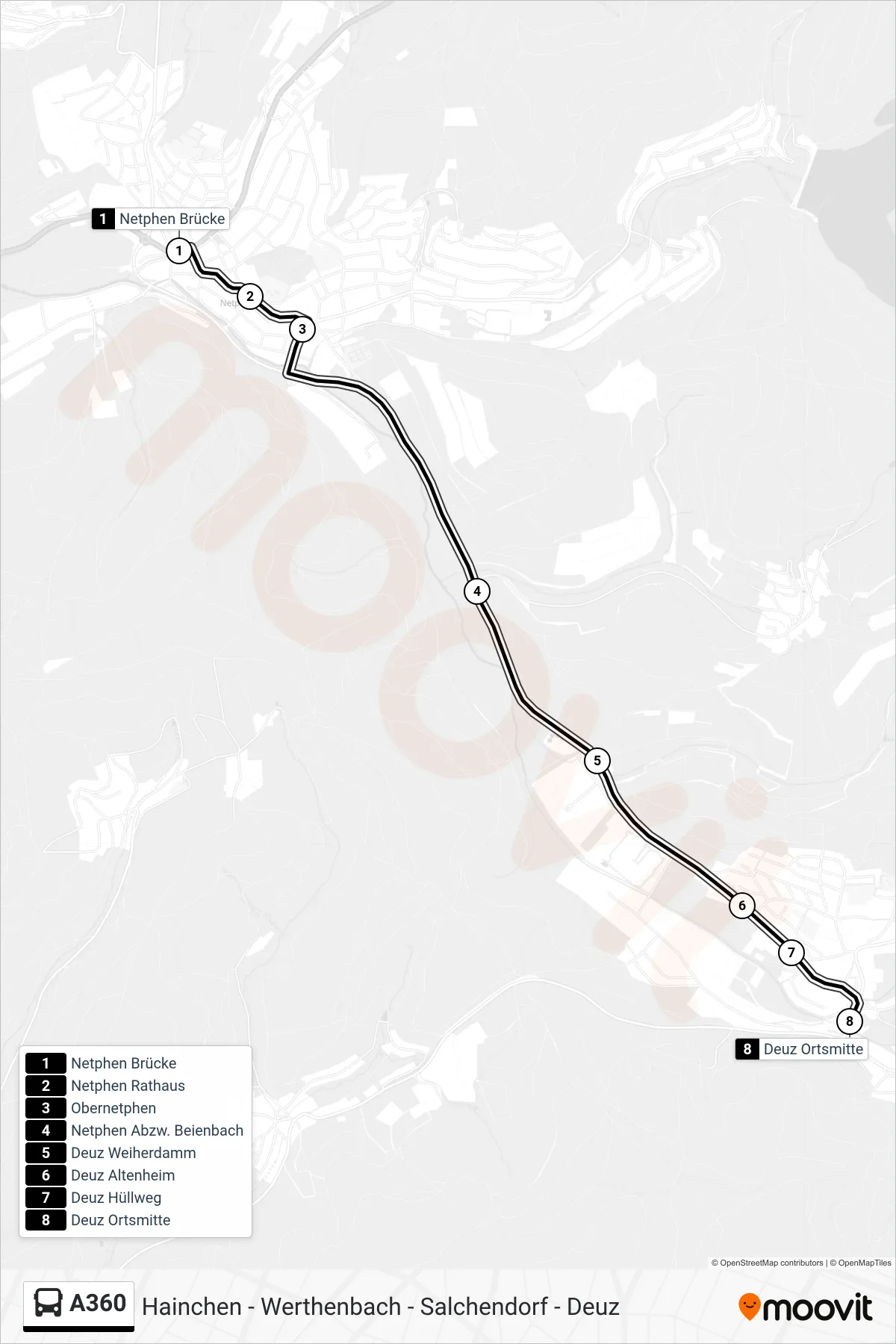 A360 bus Line (Deuz Ortsmitte) route and stops on a map