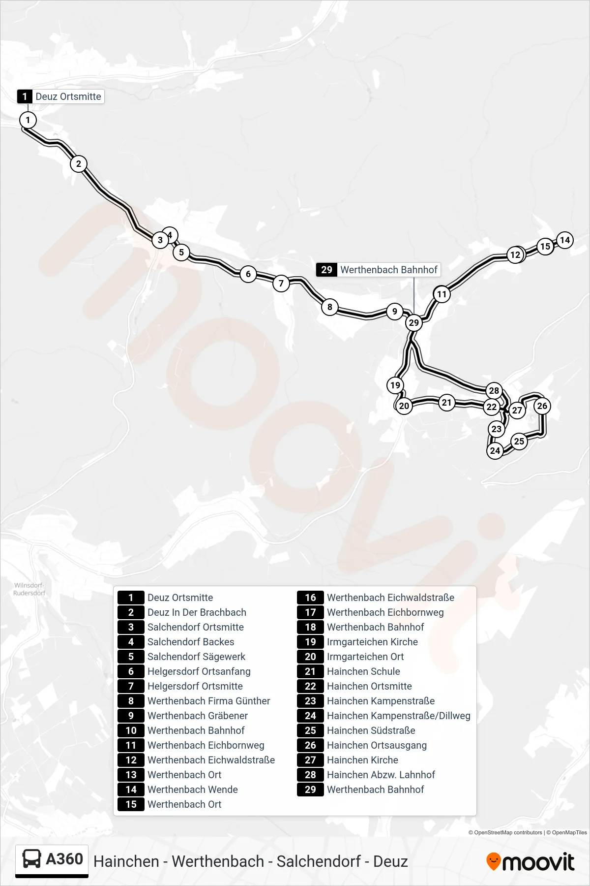 A360 bus Line (Werthenbach Bahnhof) route and stops on a map