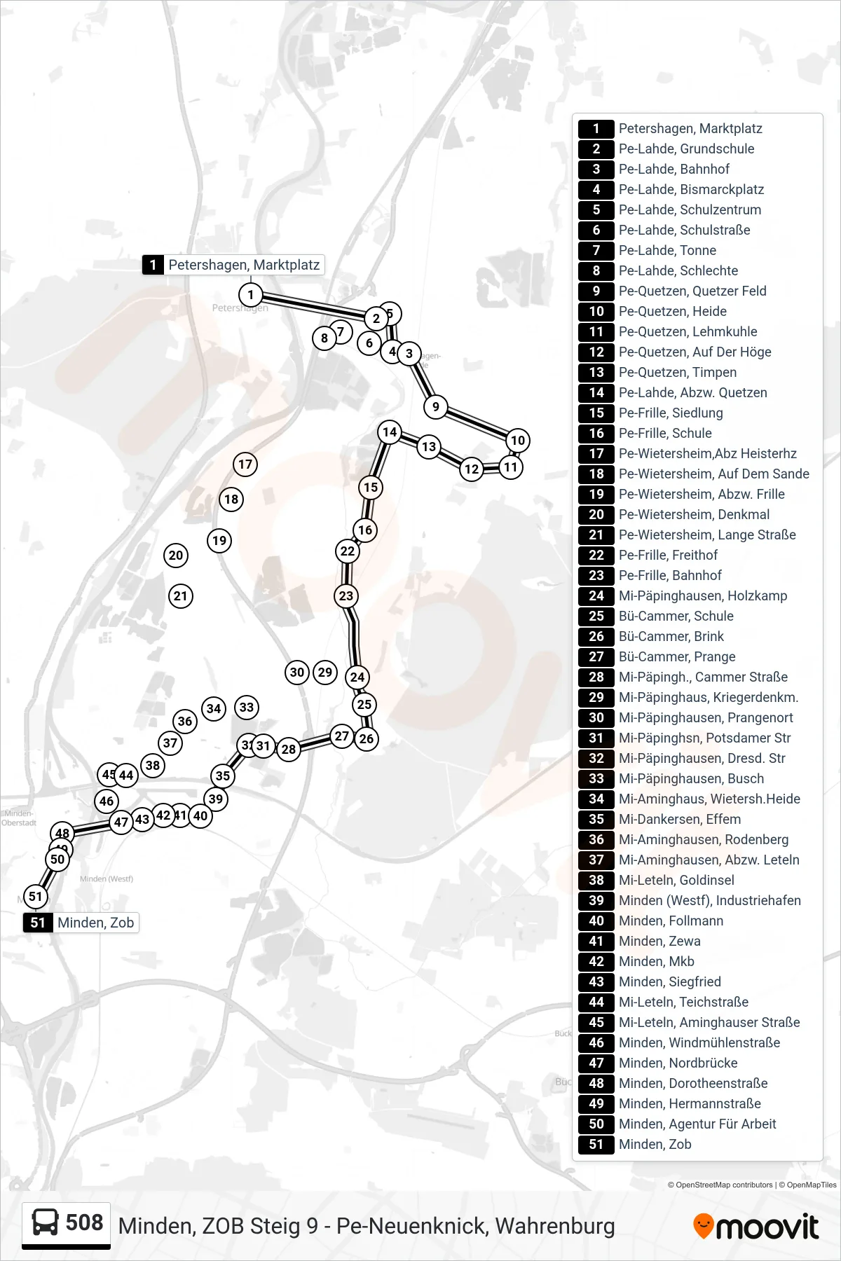508 bus Line (Zob Minden) route and stops on a map