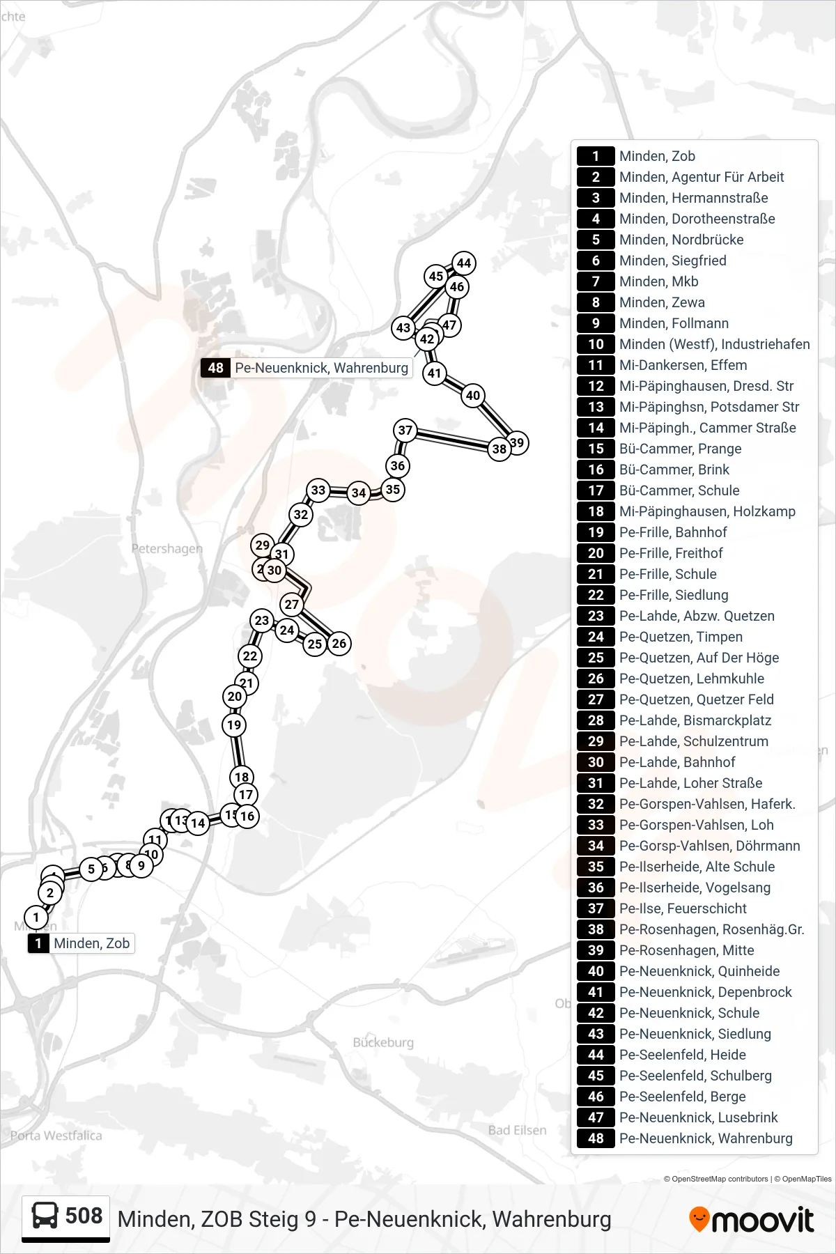 508 bus Line (Neuenknick) route and stops on a map