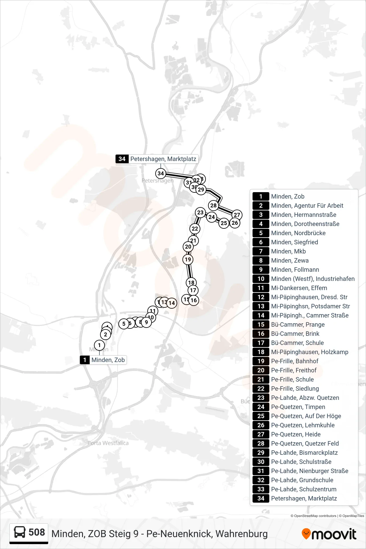 508 bus Line (Petershagen Marktplatz) route and stops on a map