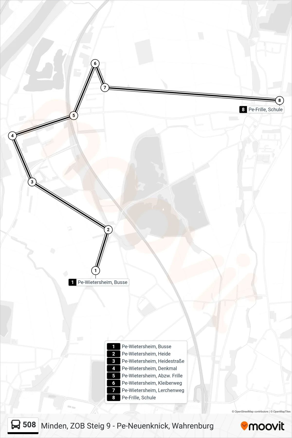 508 bus Line (Frille Schule) route and stops on a map