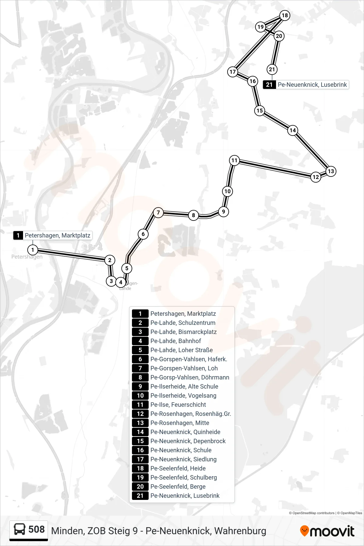 508 bus Line (Seelenfeld) route and stops on a map
