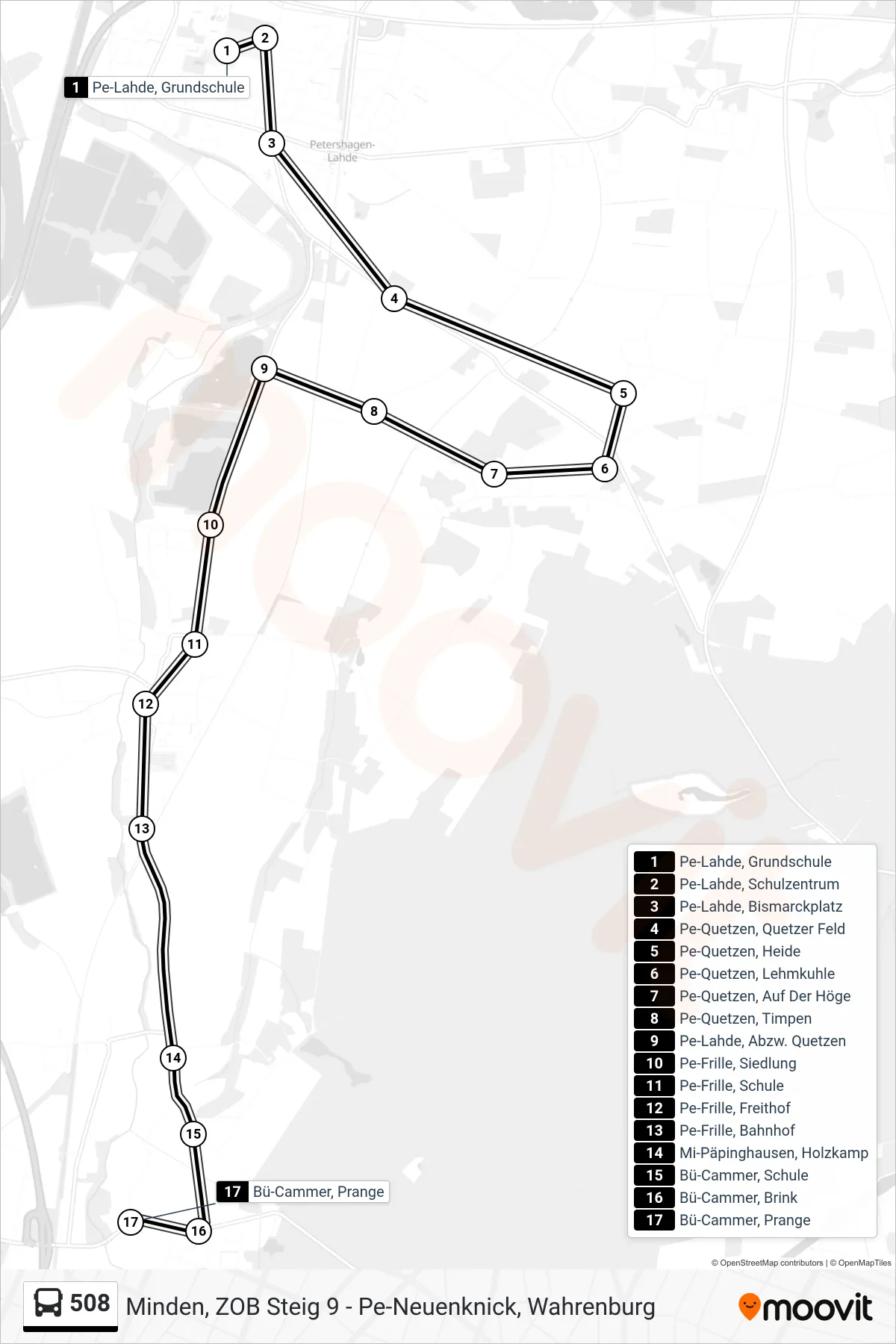 508 bus Line (Cammer Prange) route and stops on a map