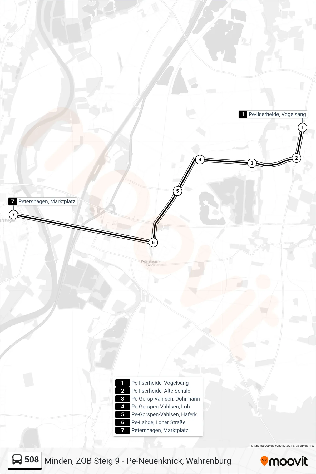 508 bus Line (Petershagen Marktplatz) route and stops on a map