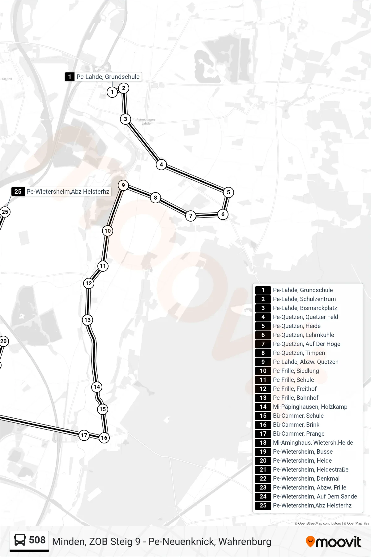 508 bus Line (Wietersheim Abzw. Heisterholz) route and stops on a map