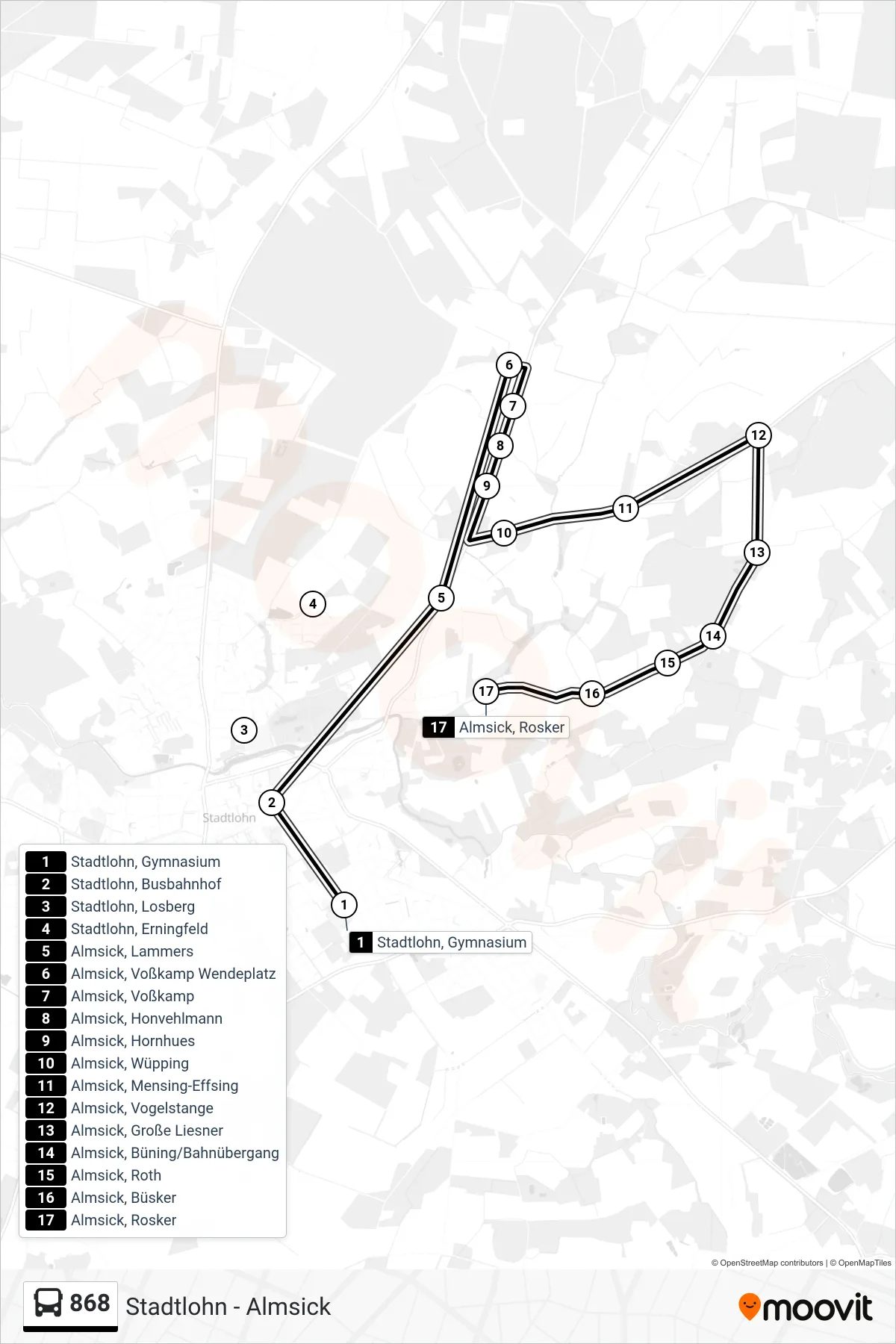 868 bus Line (Almsick, Rosker) route and stops on a map