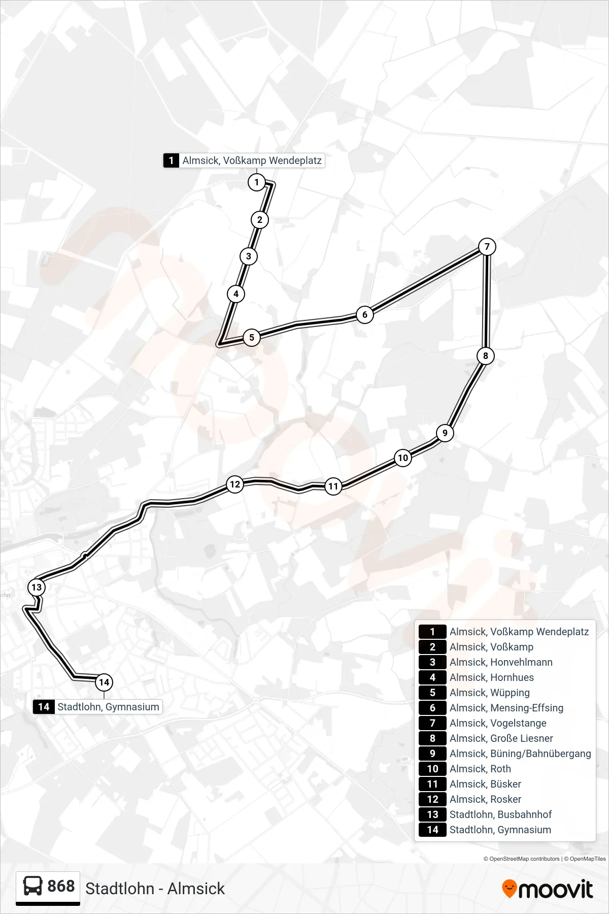 868 bus Line (Stadtlohn, Gymnasium) route and stops on a map