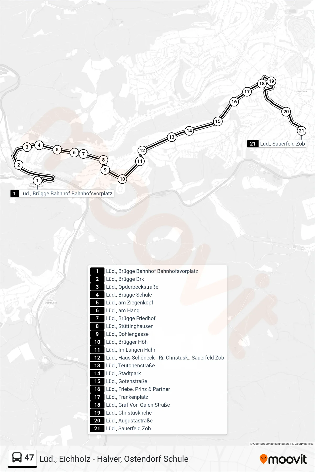 47 bus Line (Lüd., Sauerfeld Zob - Steig 2e) route and stops on a map