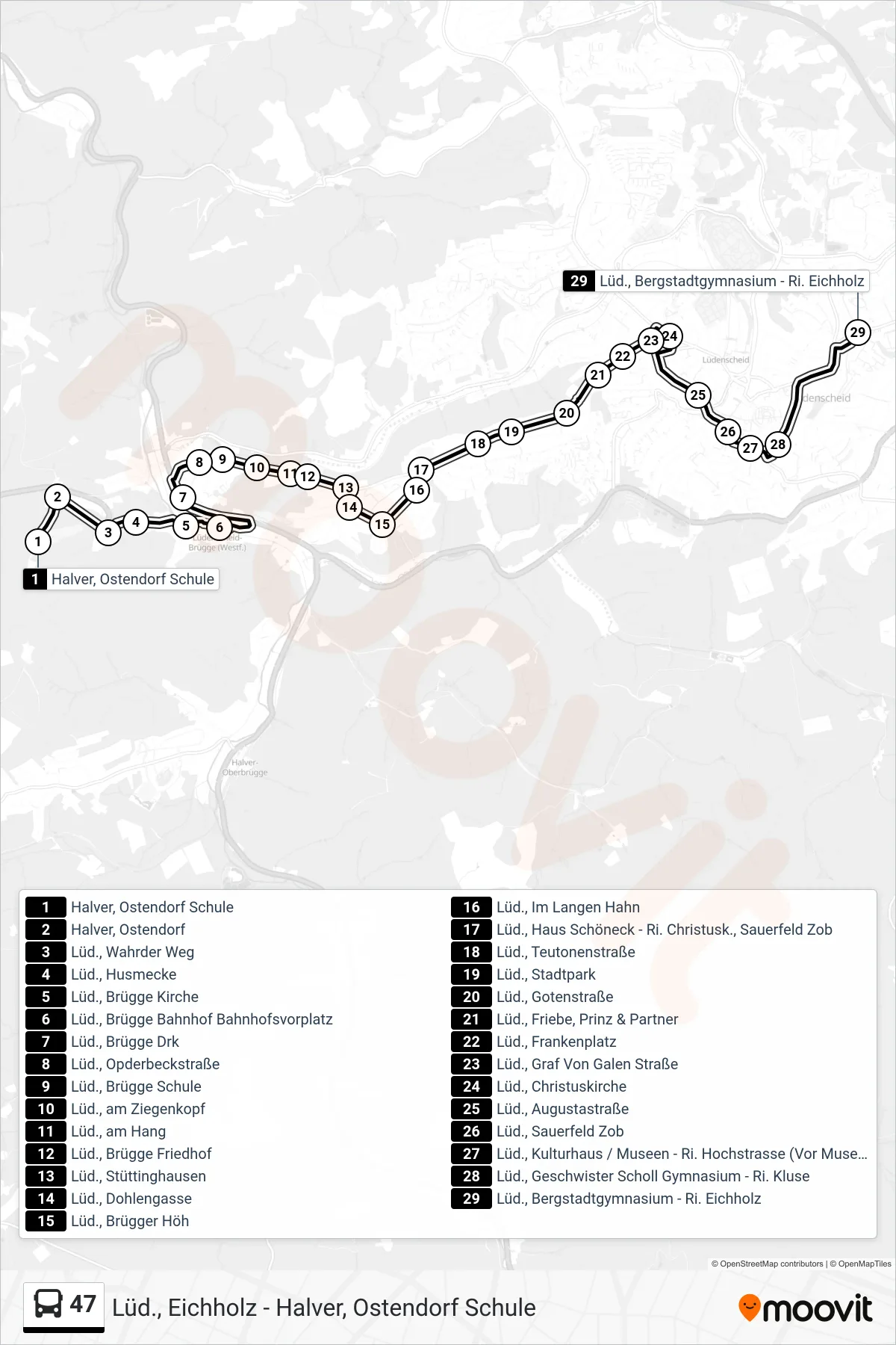 47 bus Line (Lüd., Bergstadtgymnasium - Ri. Eichholz) route and stops on a map