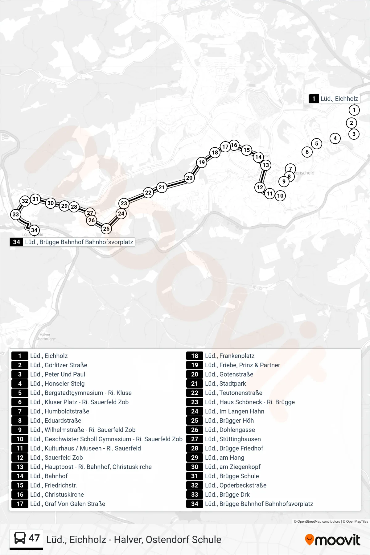 47 bus Line (Lüd., Brügge Bahnhof Bahnhofsvorplatz) route and stops on a map
