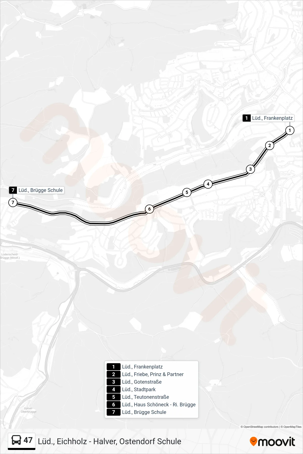 47 bus Line (Lüd., Brügge Schule) route and stops on a map