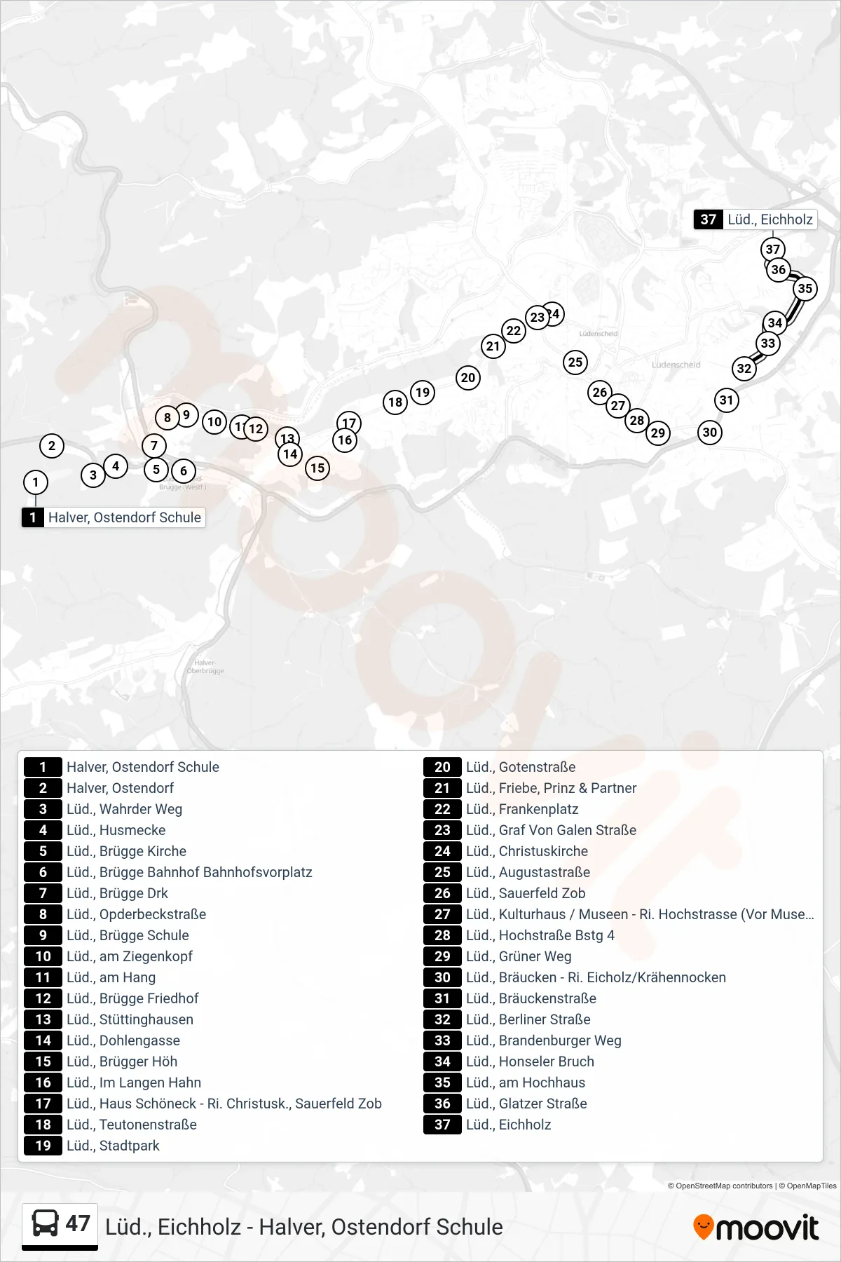 47 bus Line (Lüd., Eichholz) route and stops on a map