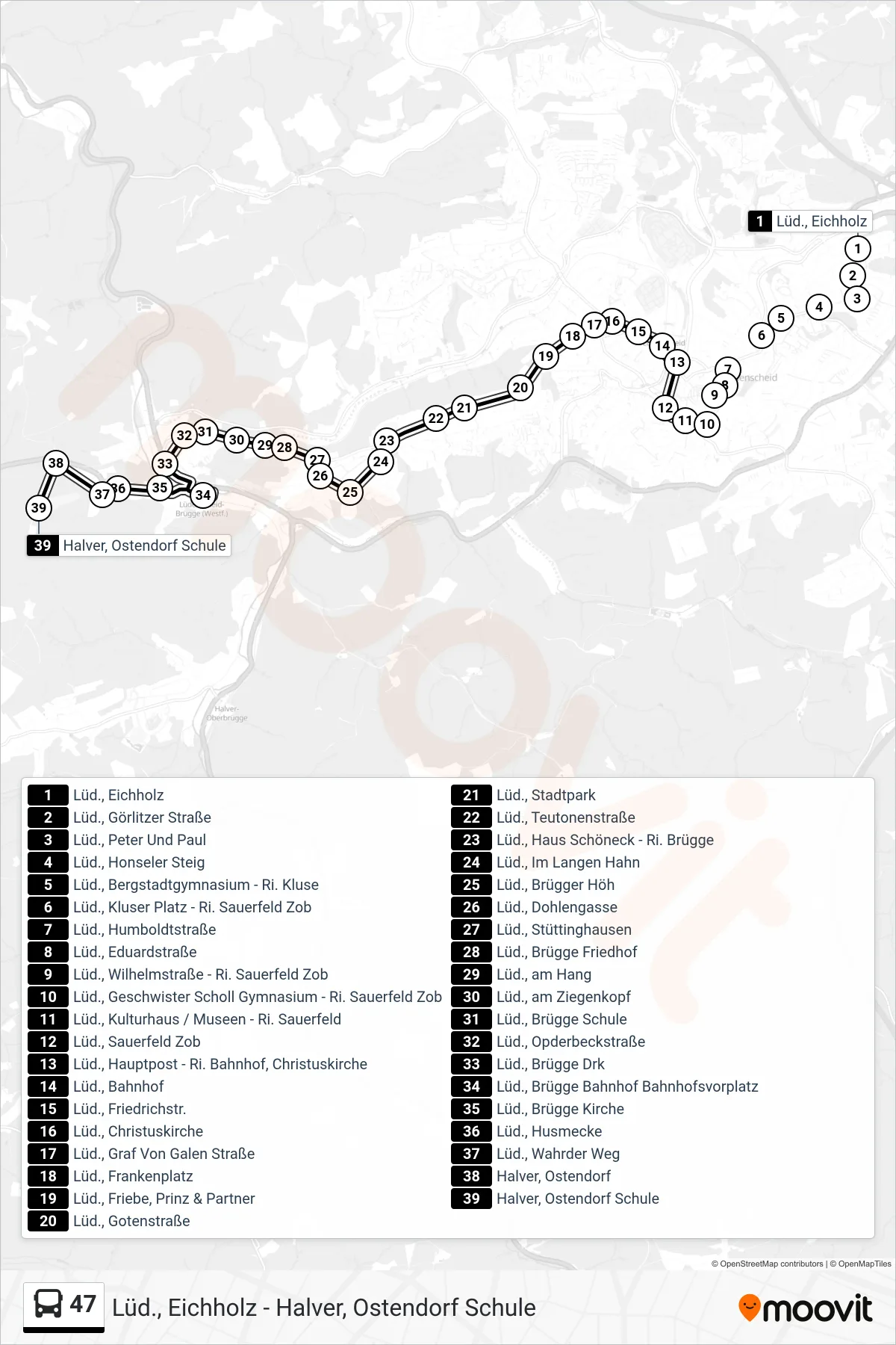 47 bus Line (Halver, Ostendorf Schule) route and stops on a map