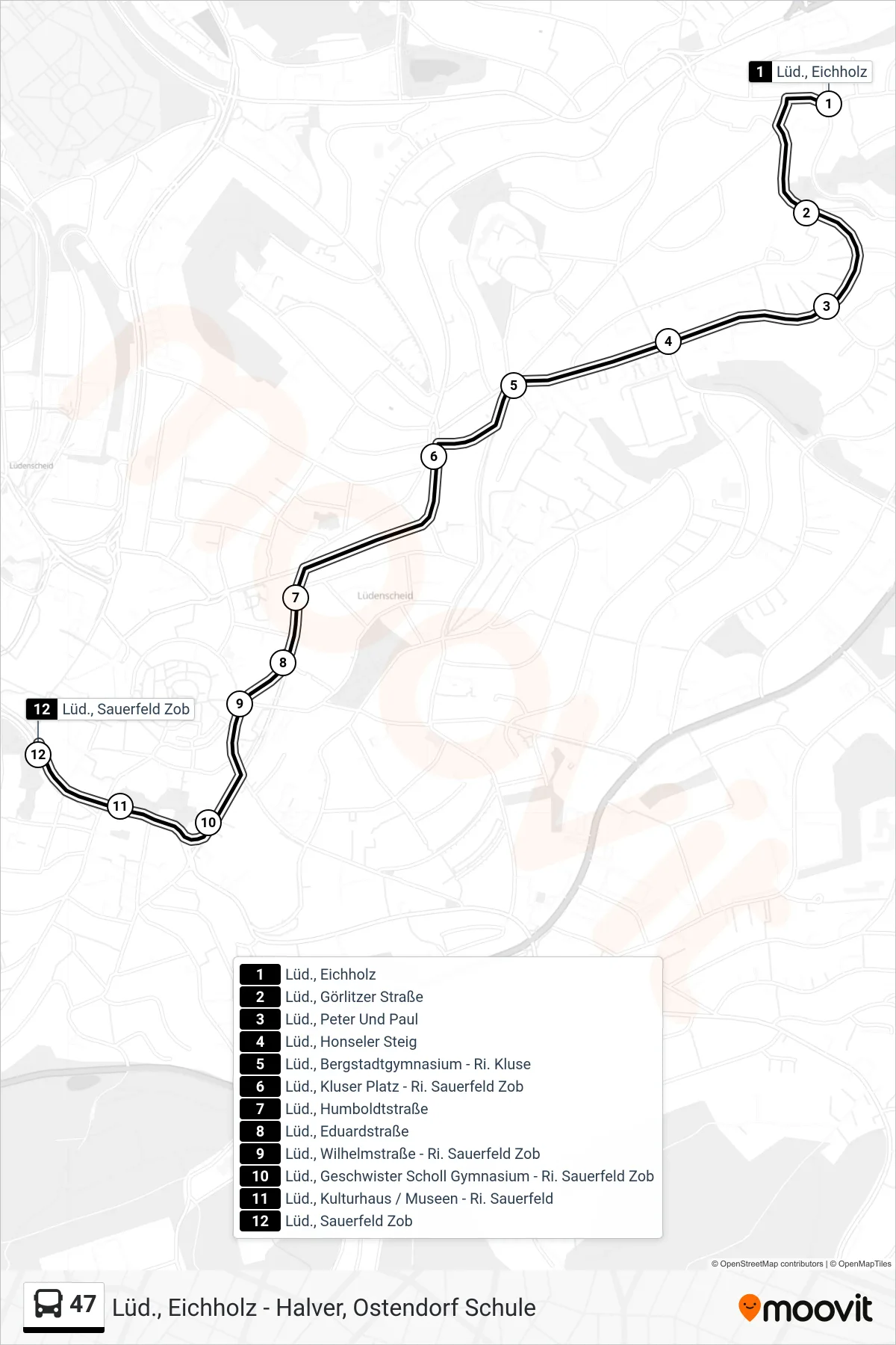 47 bus Line (Lüd., Sauerfeld Zob - Steig 1d) route and stops on a map