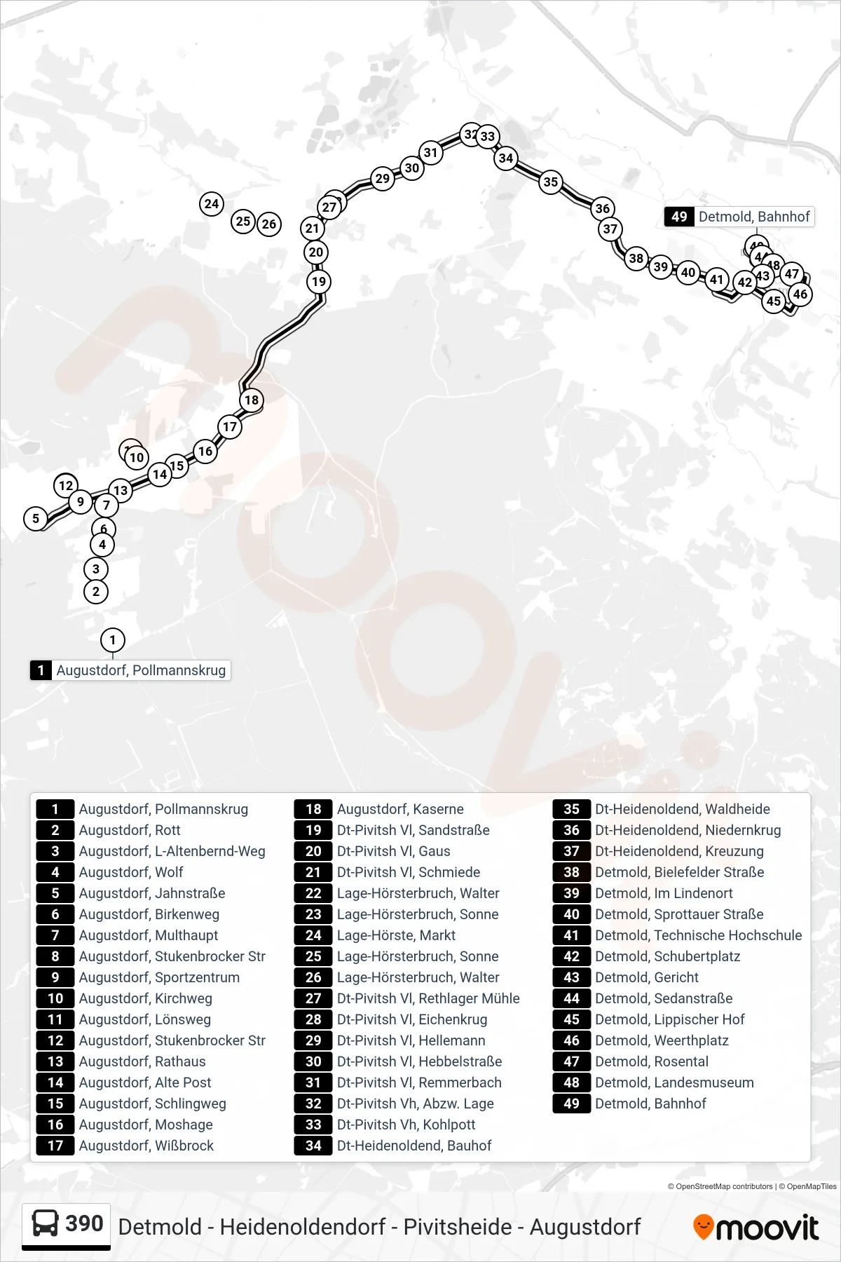 390 bus Line (Detmold, Bahnhof Steig 6) route and stops on a map