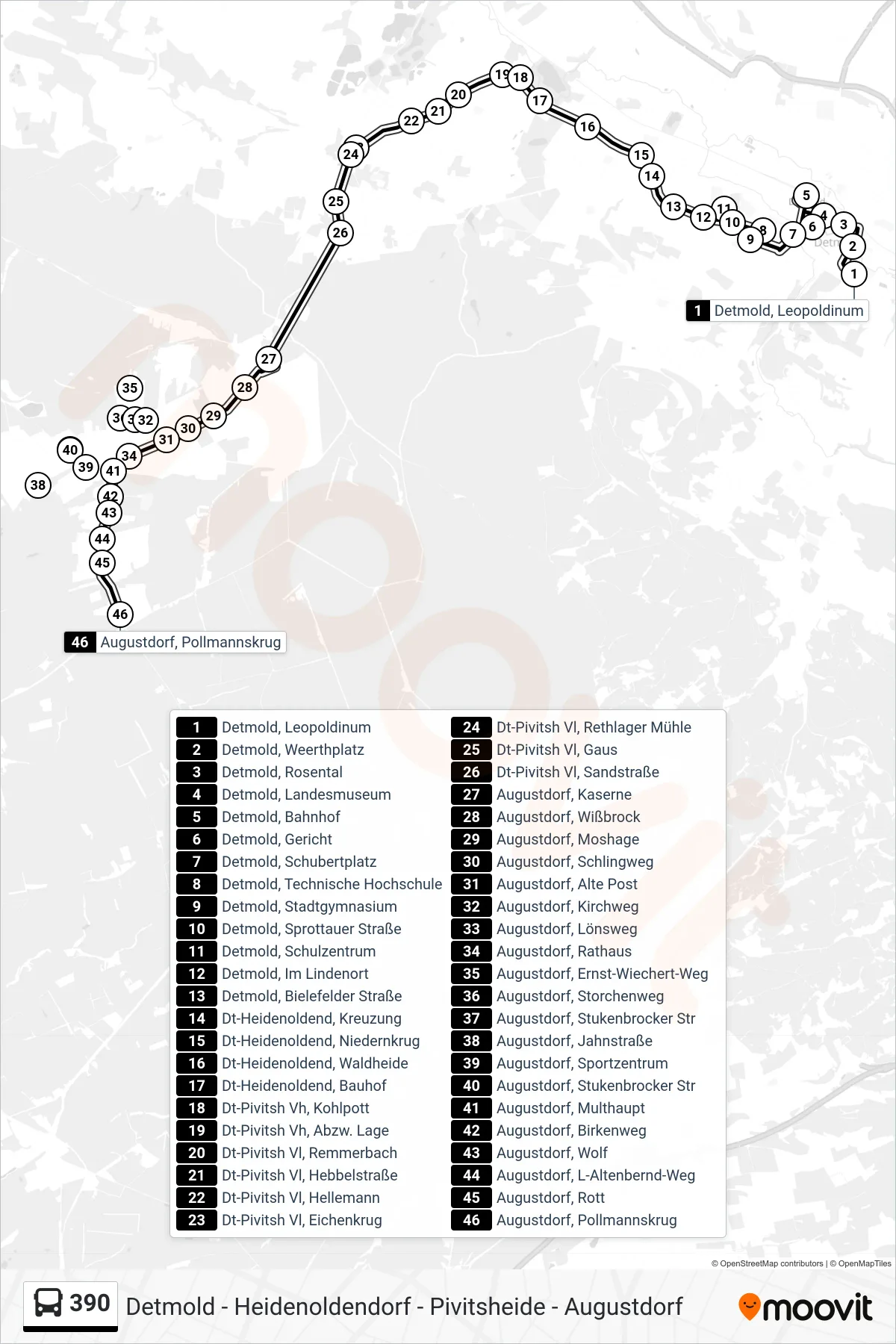 Linie 390 (Bus) Richtung Augustdorf, Pollmannskrug: Route und Haltestellen auf der Karte