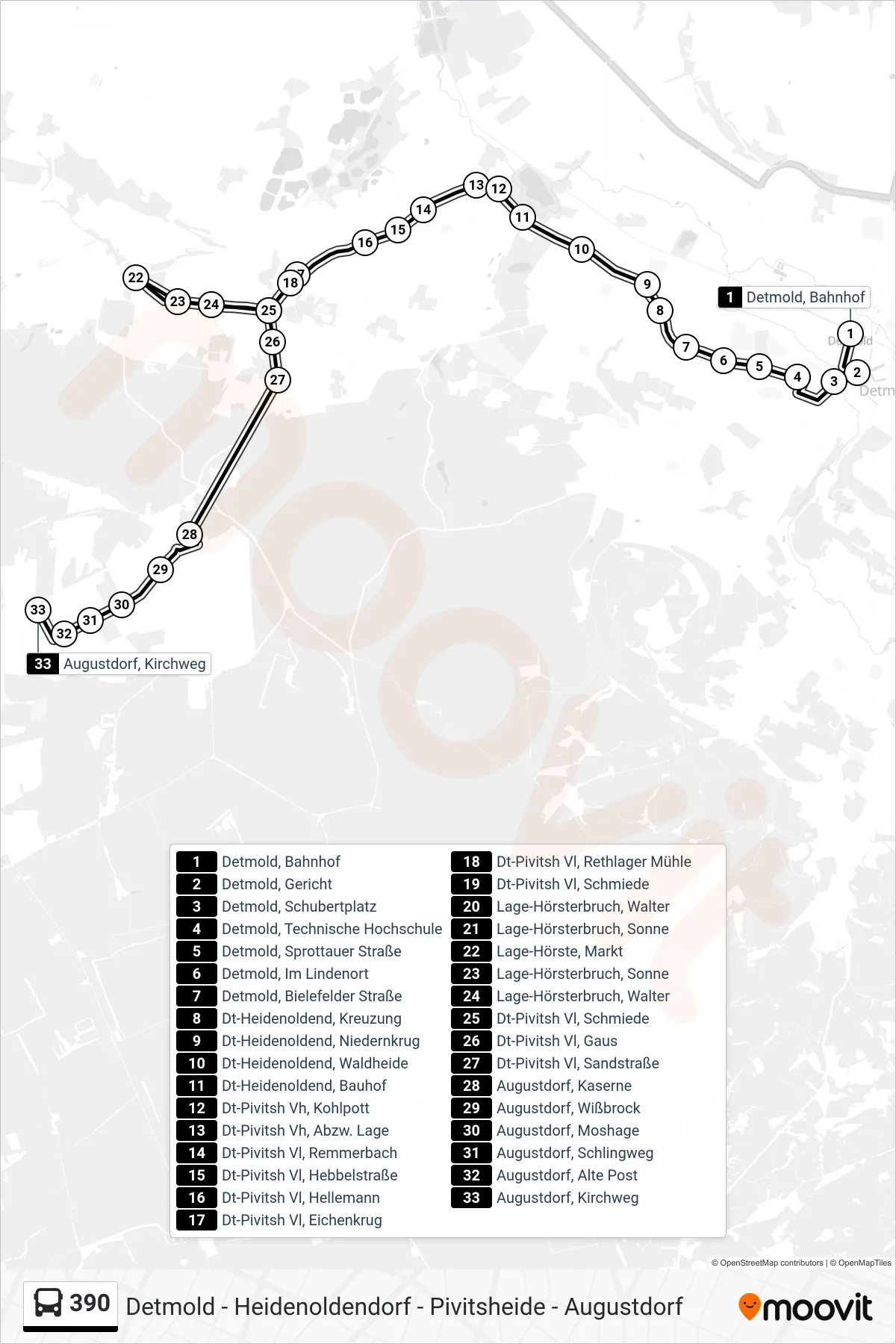 390 bus Line (Augustdorf, Kirchweg) route and stops on a map