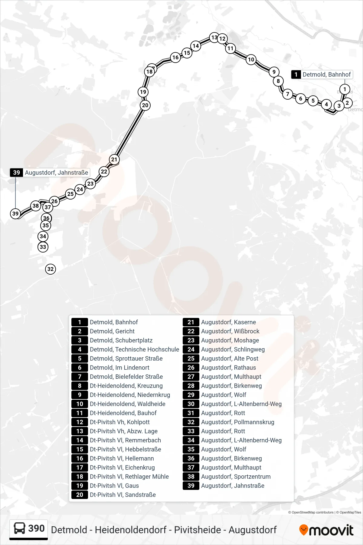 390 bus Line (Augustdorf, Jahnstraße) route and stops on a map