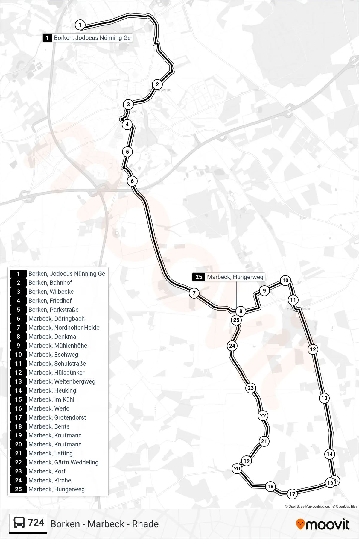 724 tram Line (Marbeck, Hungerweg) route and stops on a map