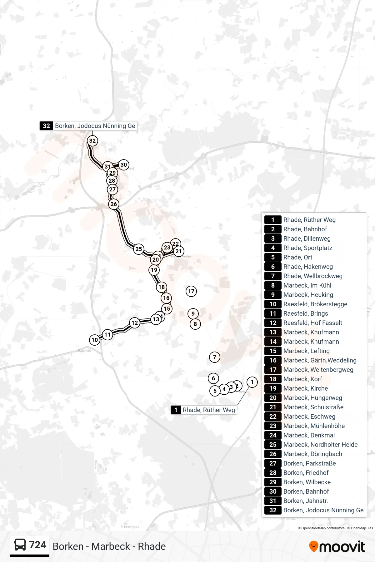 724 tram Line (Borken, Jodocus Nünning Ge) route and stops on a map