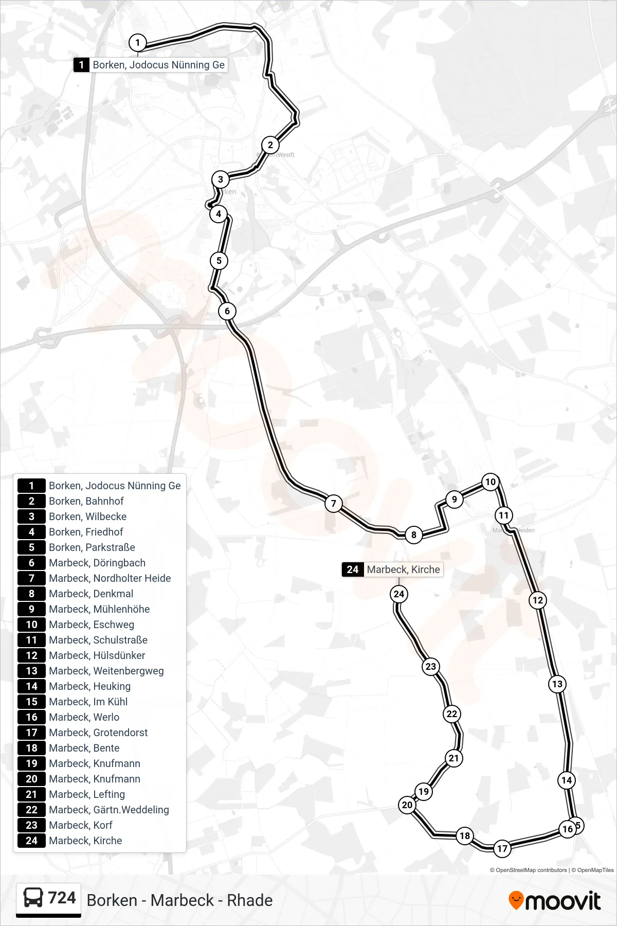 Linie 724 (Tram) Richtung Marbeck, Kirche: Route und Haltestellen auf der Karte