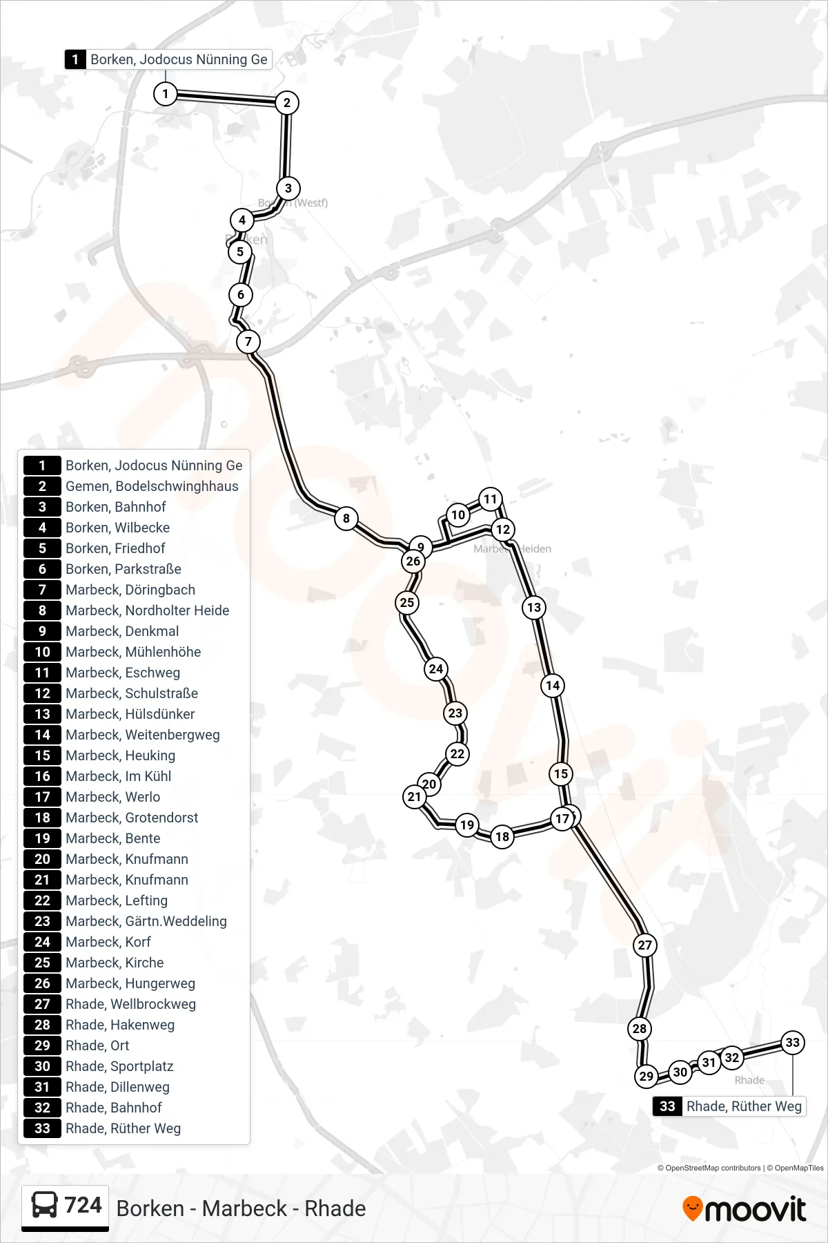 724 tram Line (Rhade, Rüther Weg) route and stops on a map