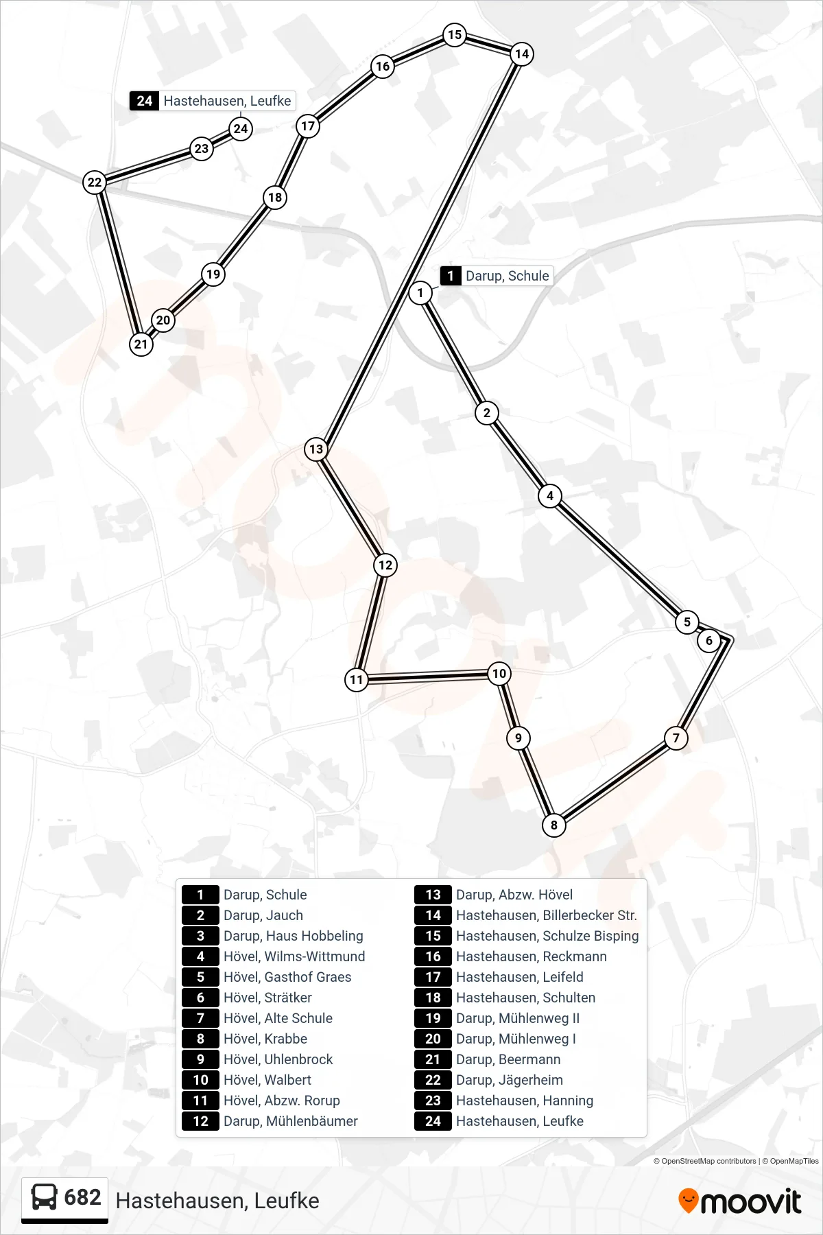 682 bus Line (Hastehausen, Leufke) route and stops on a map