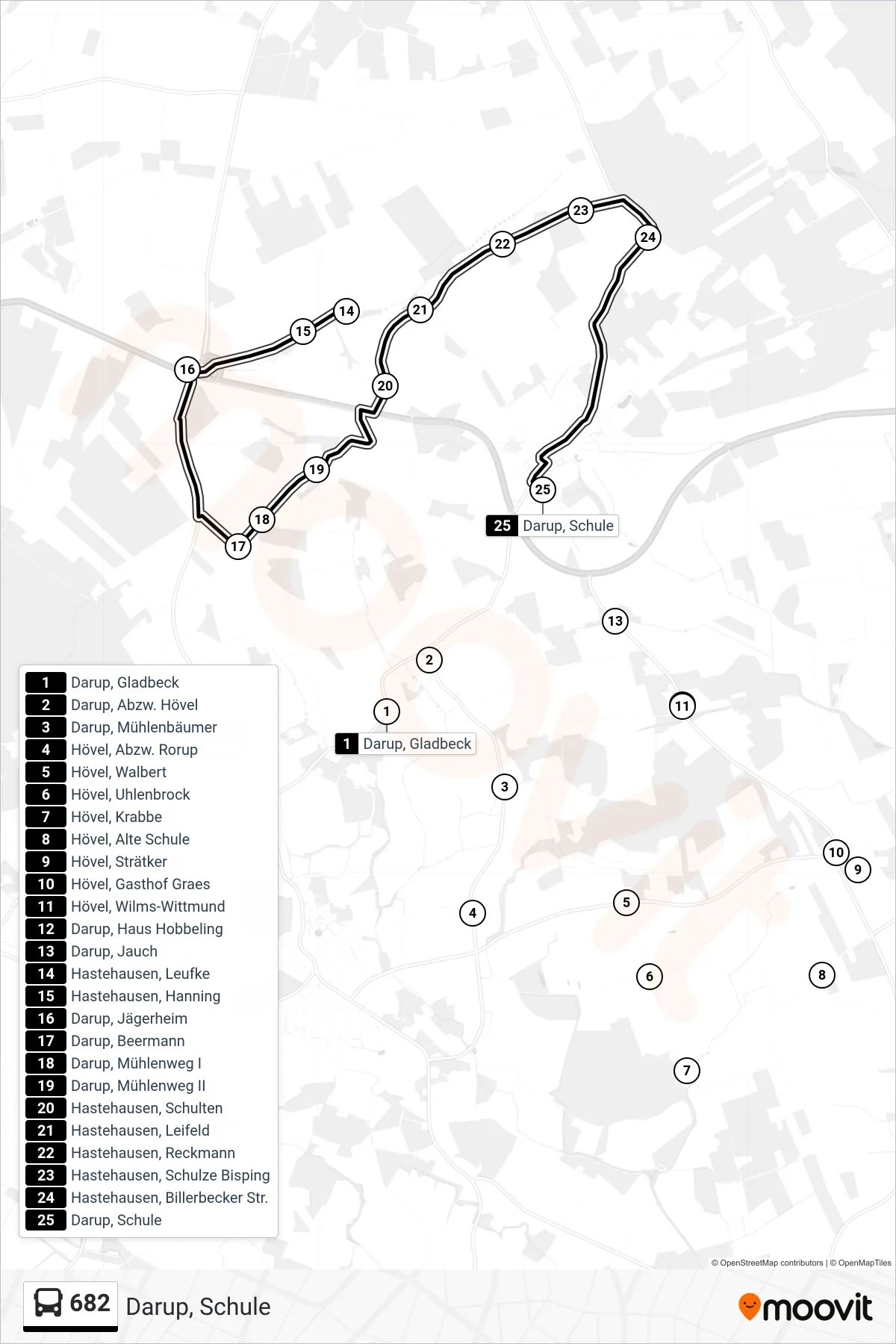 682 bus Line (Darup, Schule) route and stops on a map