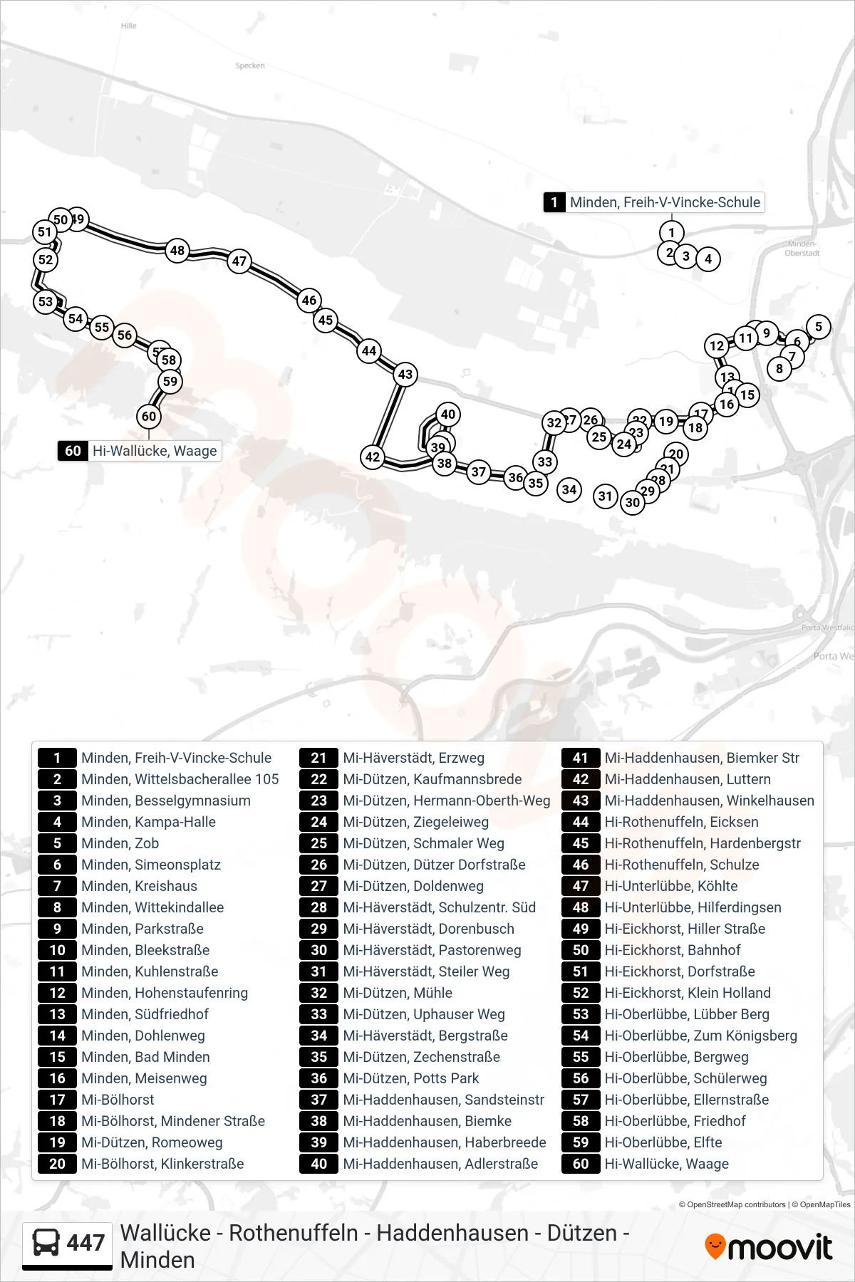 447 bus Line (Hi-Wallücke, Waage) route and stops on a map