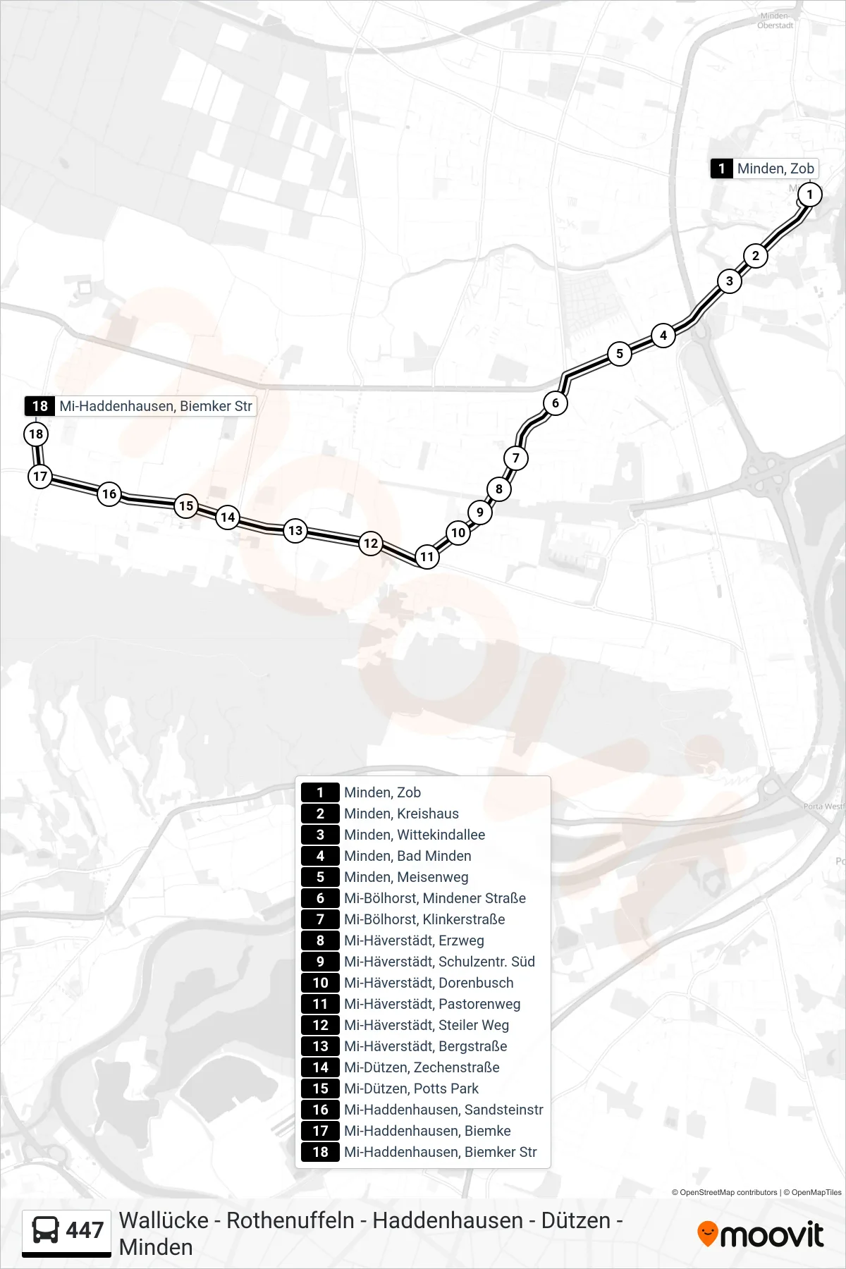 447 bus Line (Mi-Haddenhausen, Biemker Str) route and stops on a map
