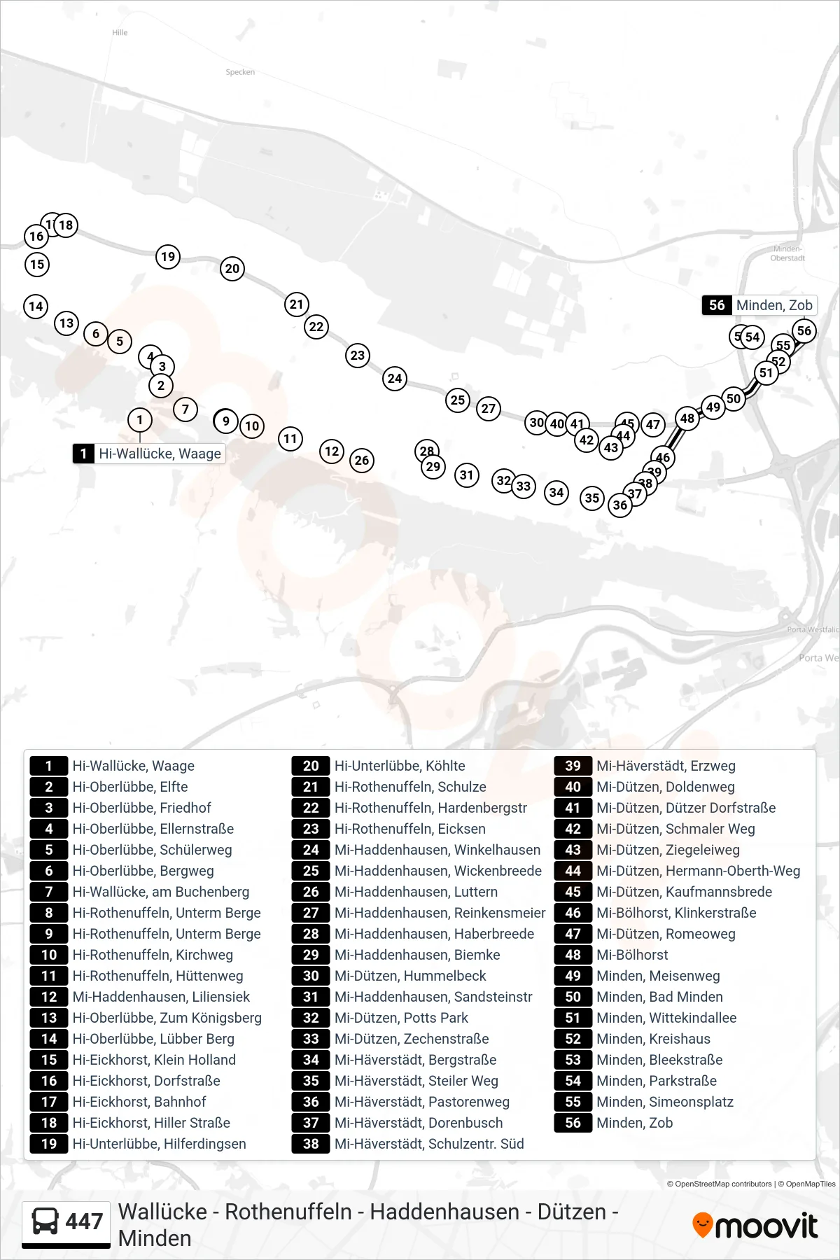 447 bus Line (Minden, Zob) route and stops on a map