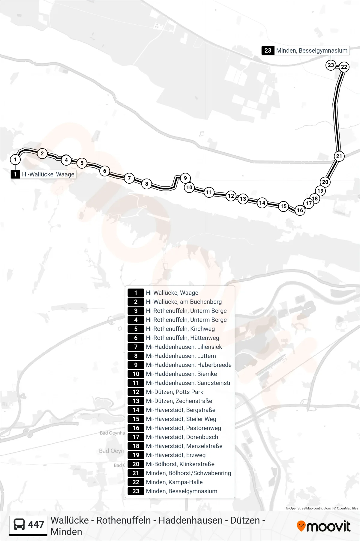 447 bus Line (Minden, Besselgymnasium) route and stops on a map