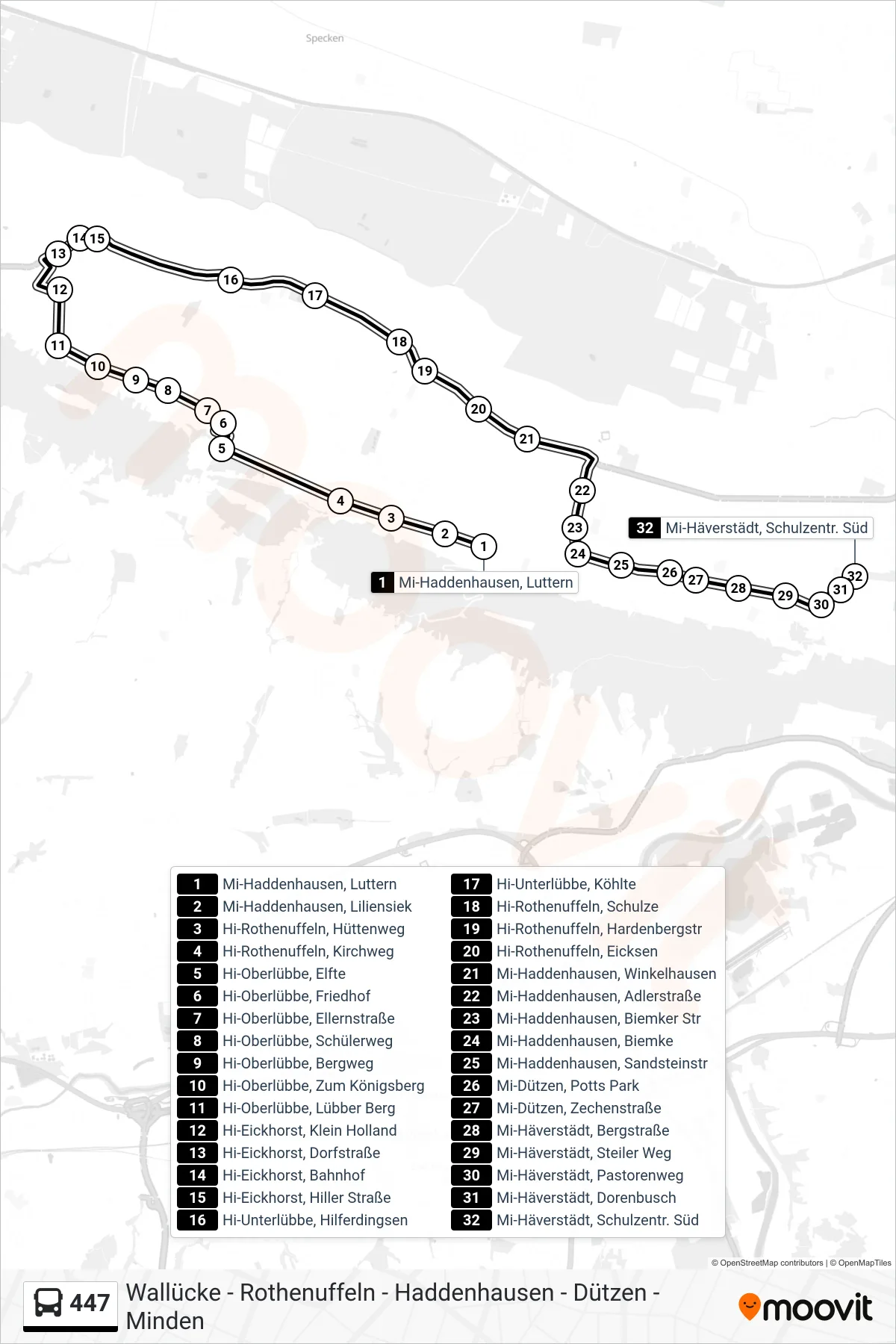 447 bus Line (Mi-Häverstädt, Schulzentr. Süd) route and stops on a map