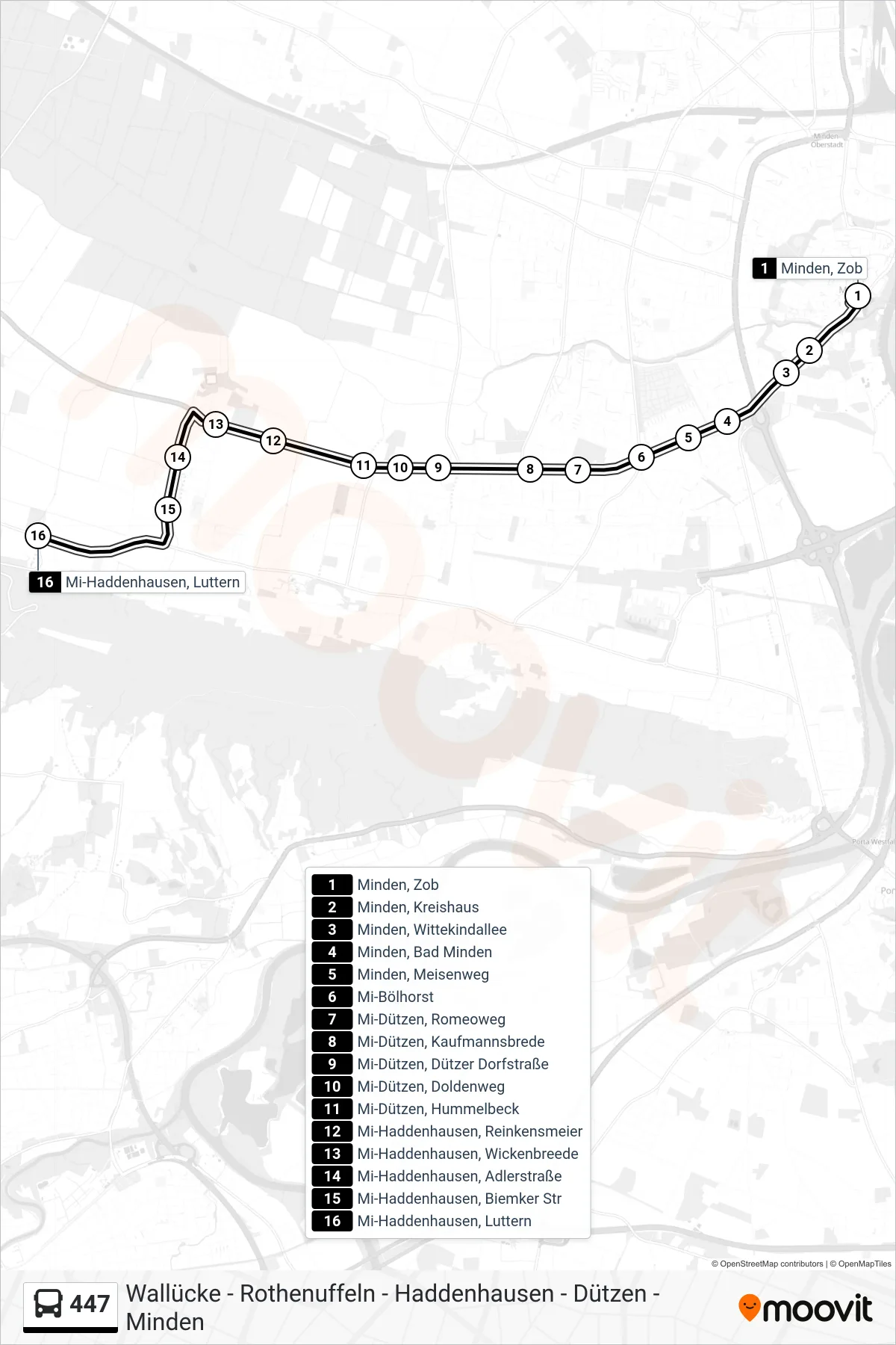 Linie 447 (Bus) Richtung Mi-Haddenhausen, Luttern: Route und Haltestellen auf der Karte