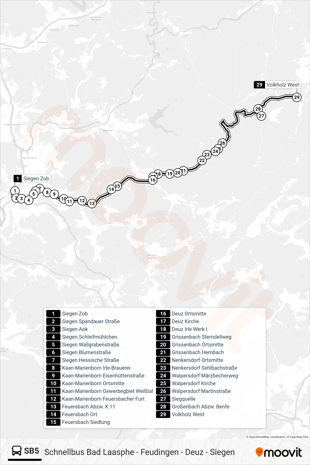 SB5 bus Line (Volkholz West) route and stops on a map