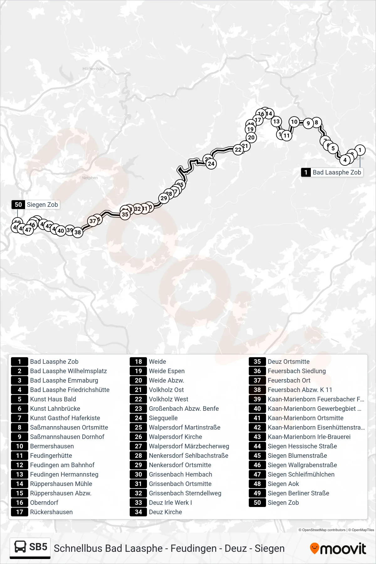 SB5 bus Line (Siegen Zob Bstg E) route and stops on a map