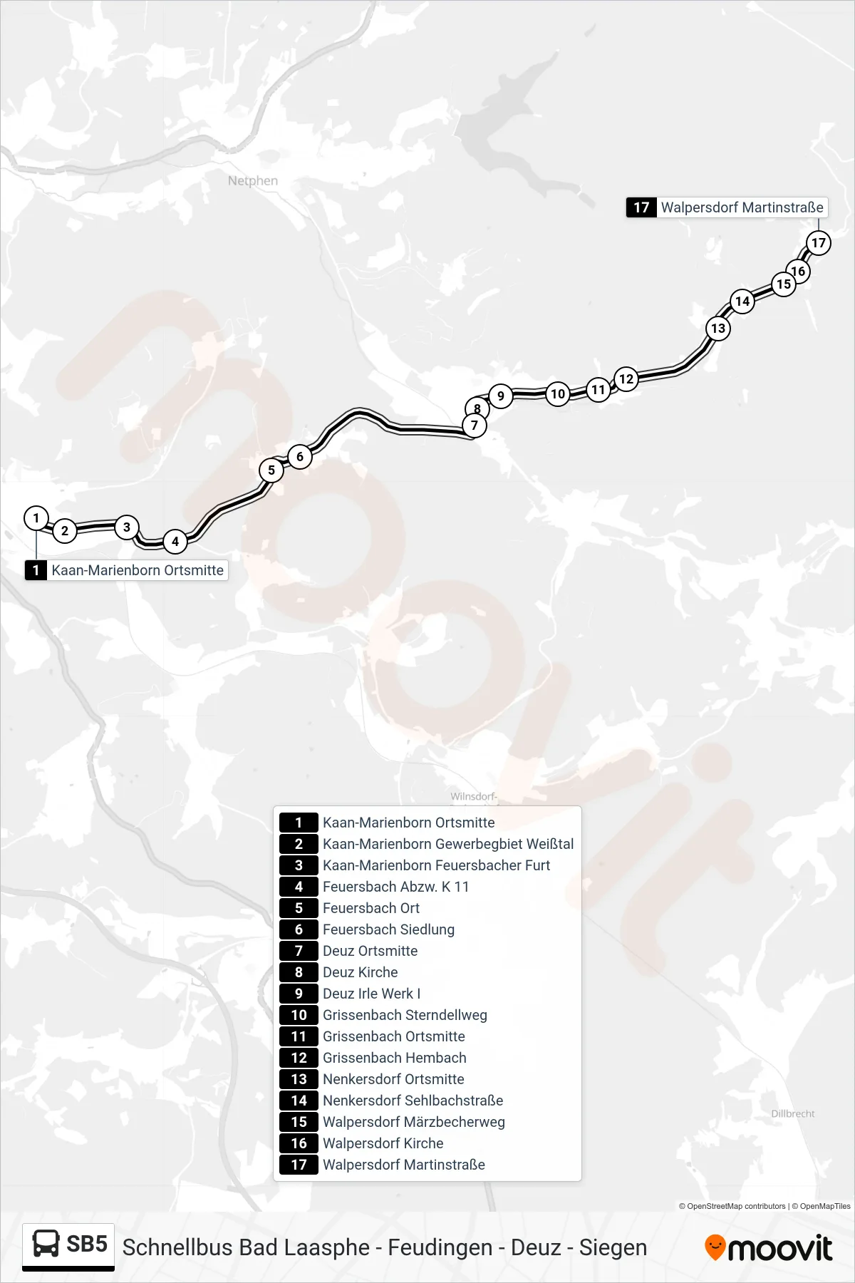 SB5 bus Line (Walpersdorf Martinstraße) route and stops on a map
