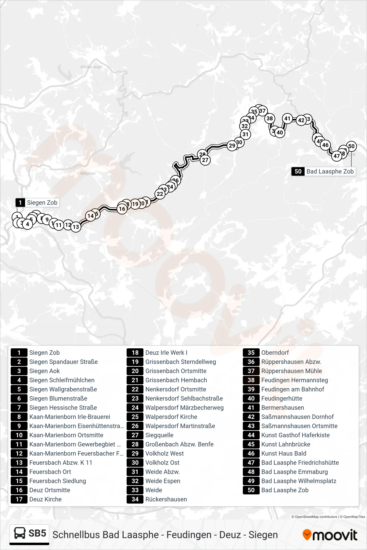 SB5 bus Line (Bad Laasphe Zob Bstg 3) route and stops on a map