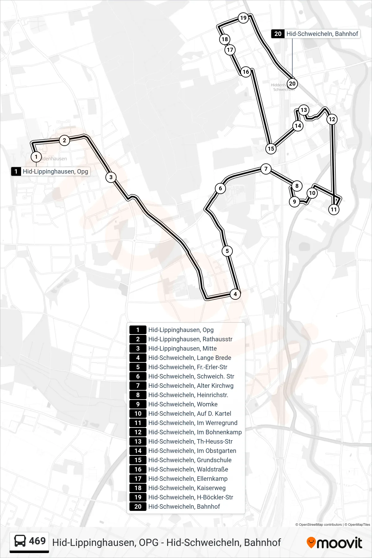 469 bus Line (Hid-Schweicheln, Bahnhof) route and stops on a map