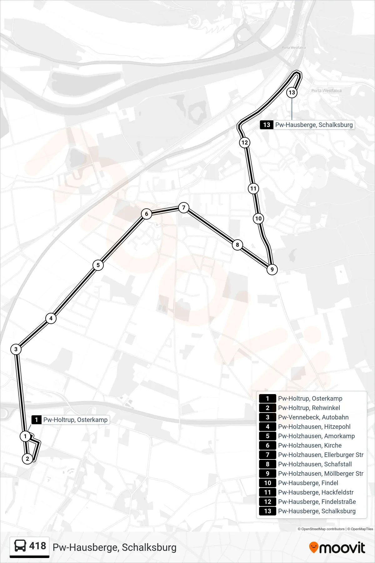Linie 418 (Bus) Richtung Pw-Hausberge, Schalksburg: Route und Haltestellen auf der Karte