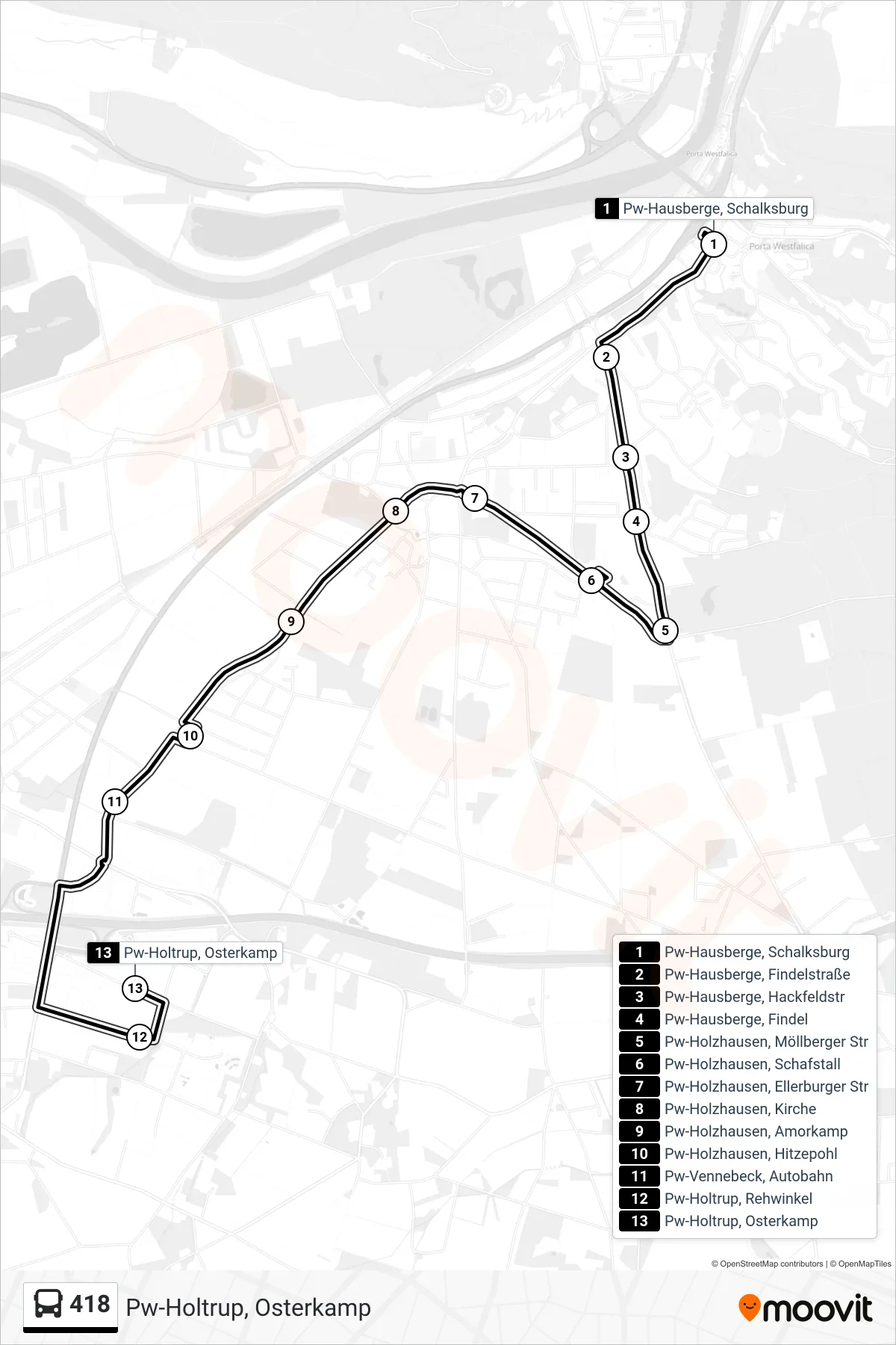 418 bus Line (Pw-Holtrup, Osterkamp) route and stops on a map