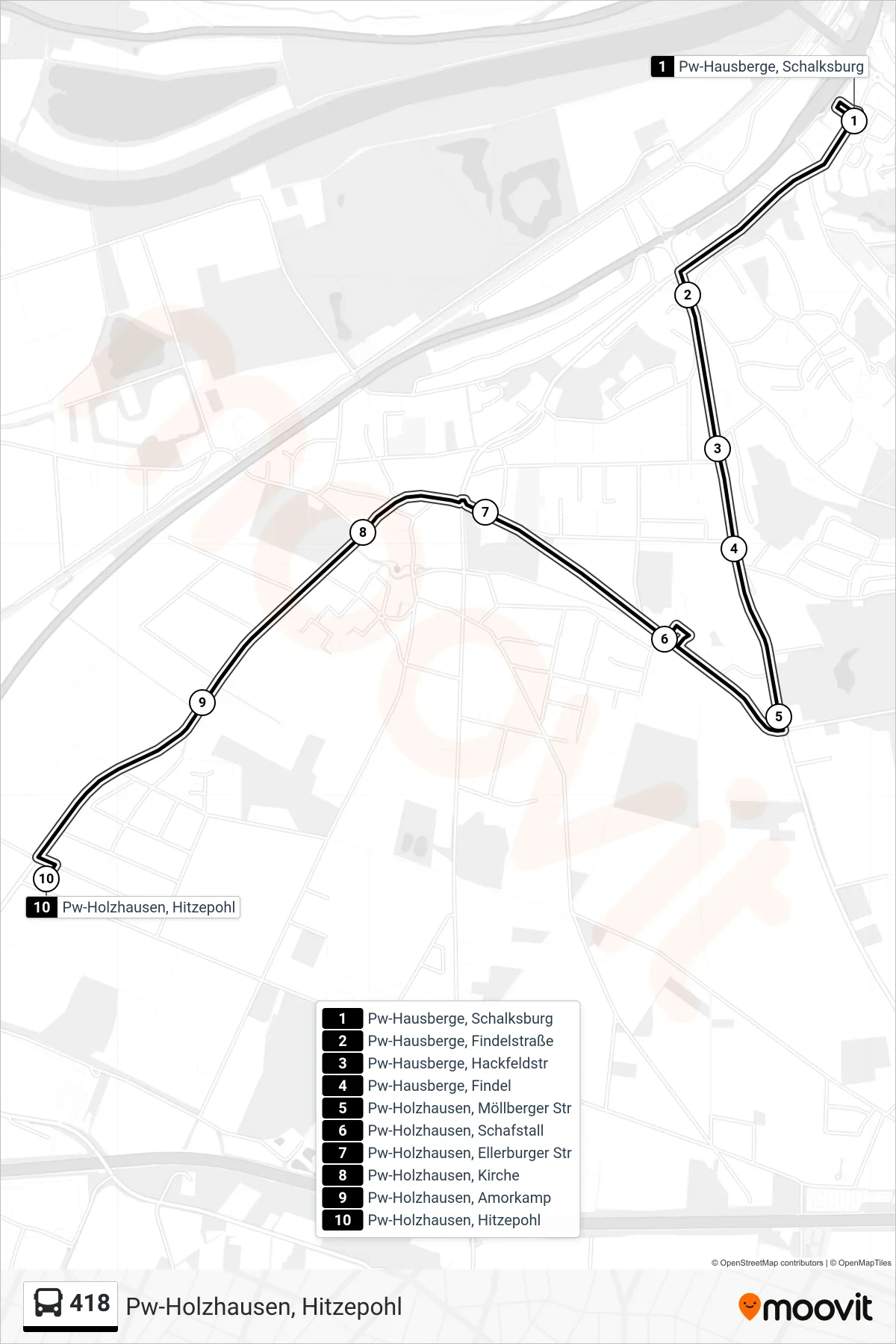 418 bus Line (Pw-Holzhausen, Hitzepohl) route and stops on a map