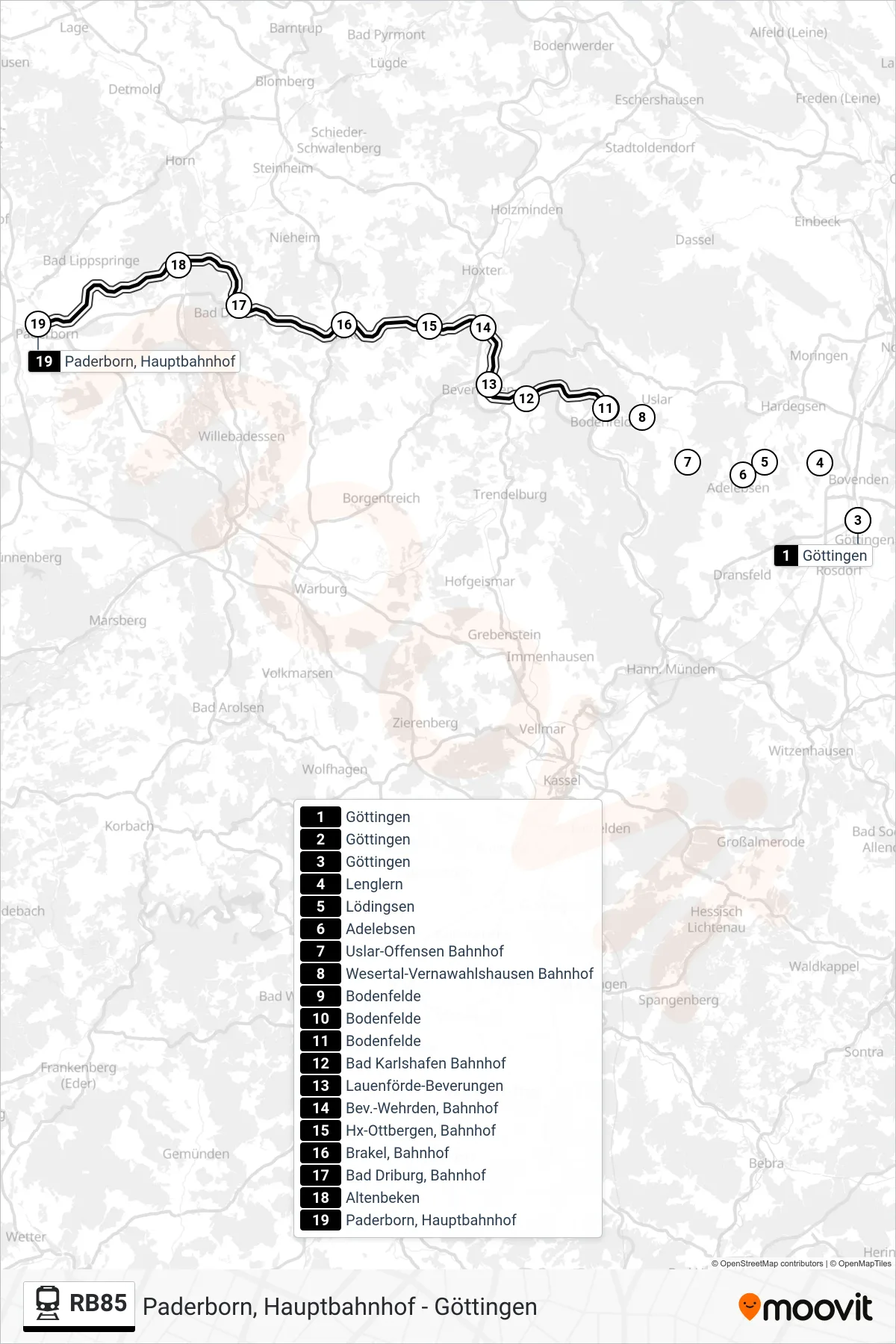 Linie RB85 (Bahn) Richtung Paderborn, Hauptbahnhof: Route und Haltestellen auf der Karte